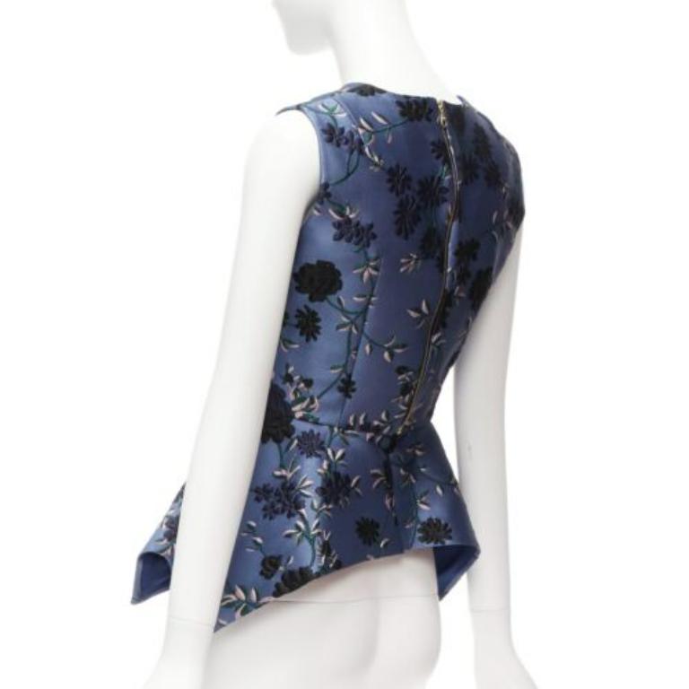 ERDEM 2019 Glenn blue navy floral cloque peplum high low top UK6 XS 1