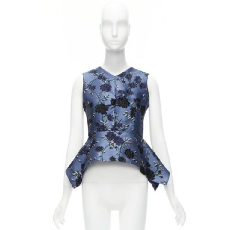 ERDEM 2019 Glenn blue navy floral cloque peplum high low top UK6 XS 4