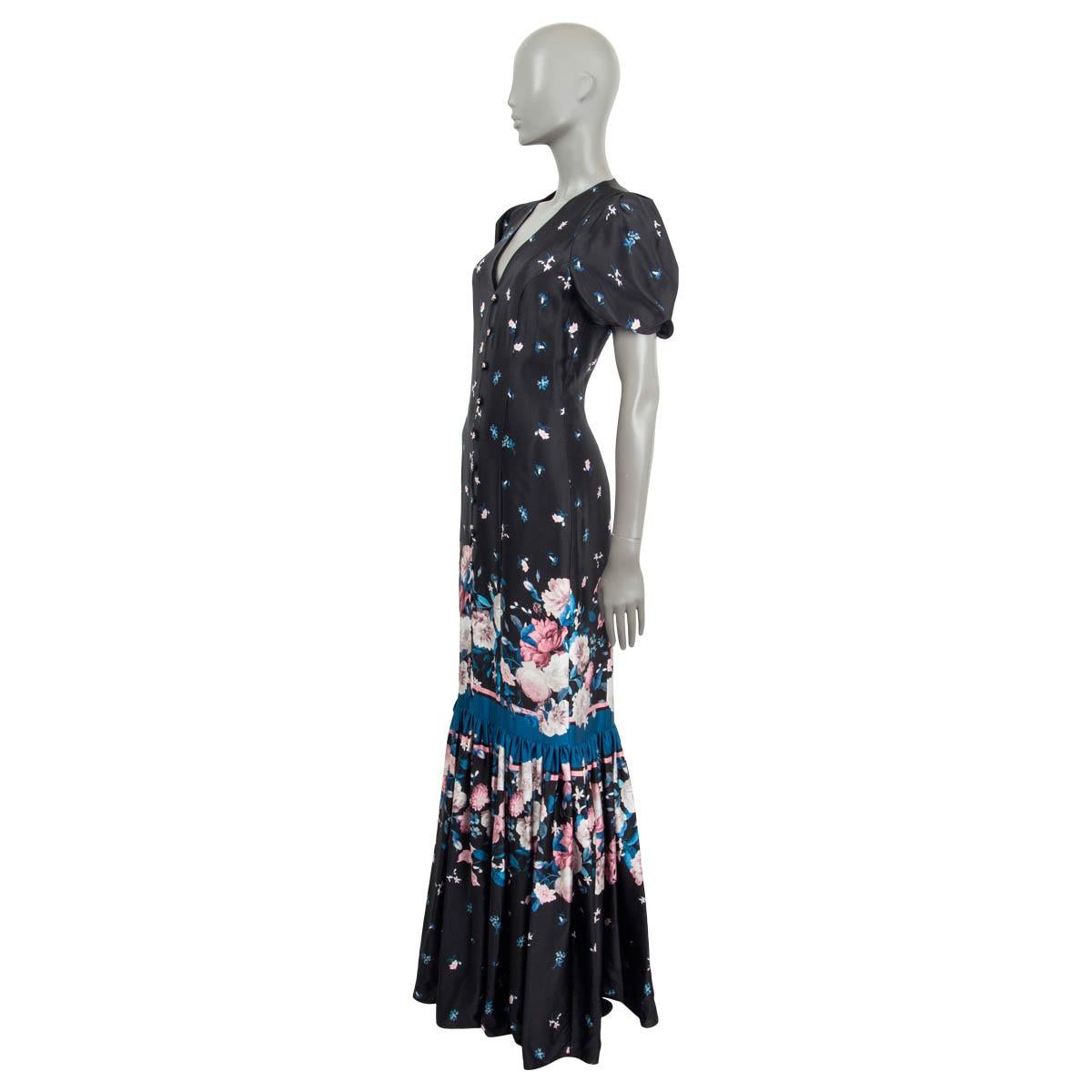 100% authentic Erdem 'Rosetta' satin dress in black, blue, pink and dusty rose silk (100%). Features gathered short sleeves and a flared hem. Has a floral print all over and button details at the front. Opens with a concealed zipper at the back.