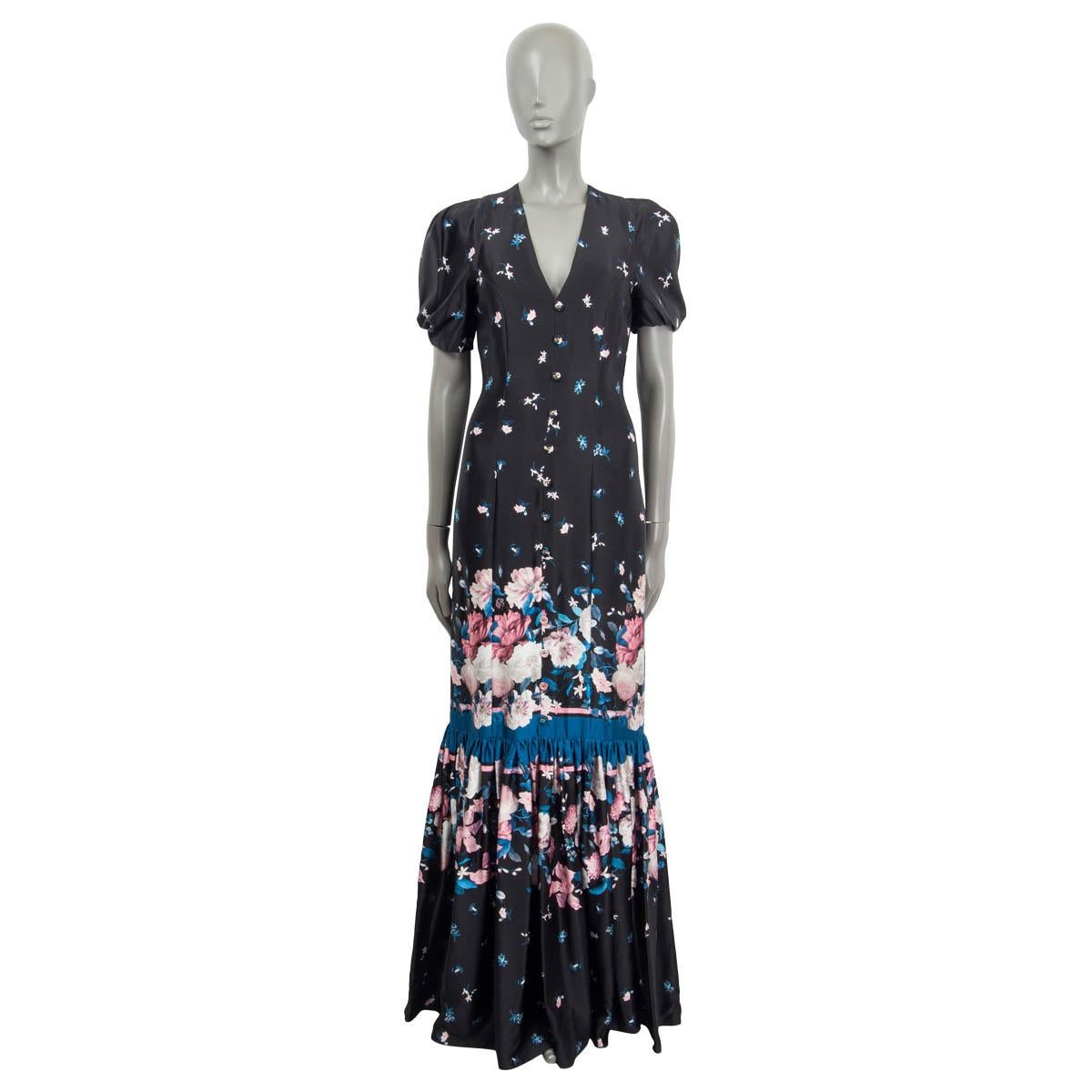 ERDEM black blue pink silk 2020 ROSETTA FLORAL MAXI Dress 8 XS For Sale