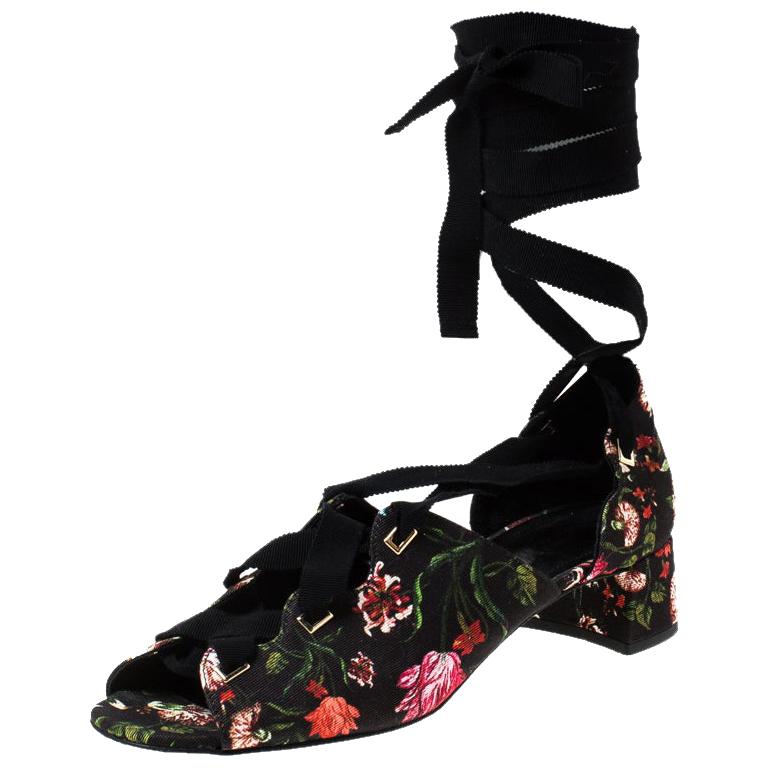 Erdem Black Floral Canvas Cut Out Lace Up Sandals Size 38 For Sale