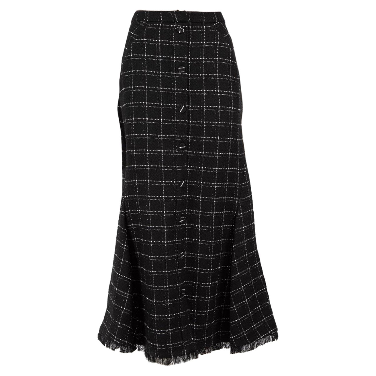 Erdem Black Wool Plaid Pattern Midi Skirt Size XL