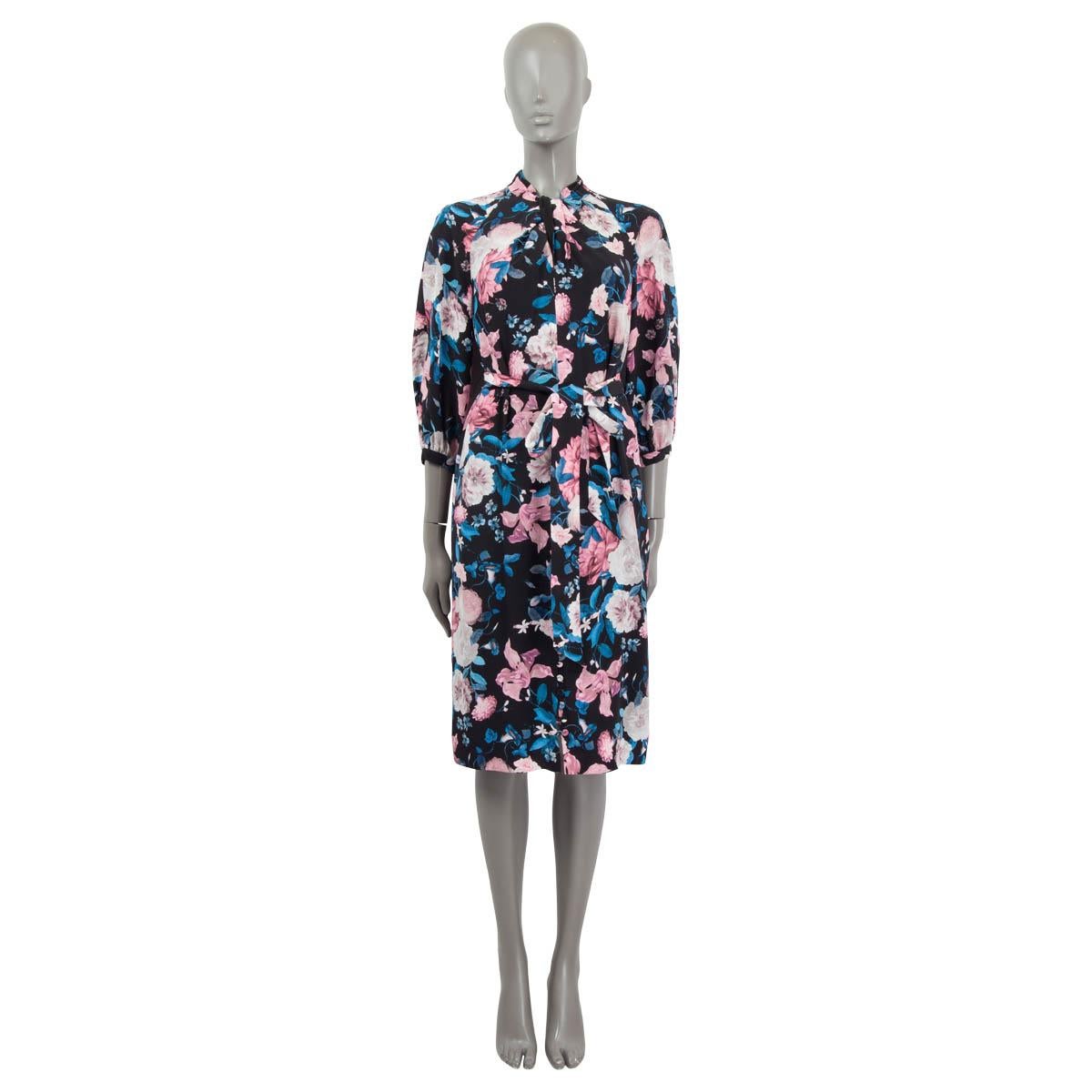 100% authentic Erdem 'Finnetta' belted floral print dress in black, pink, dusty rose, navy, blue and off-white silk (100%). Features long raglan sleeves (sleeve measurements taken from the neck) and buttoned cuffs. Opens with a concealed zipper and