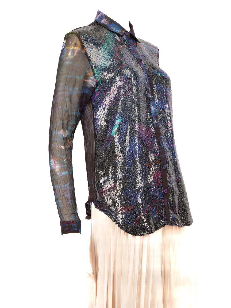 CONDITION is Very good. Hardly any visible wear to the top is evident on this used Erdem designer resale item.
 
 
 
 Details
 
 
 Blue
 
 Silk
 
 Shirt
 
 Front sequinned panel
 
 See through back and sleeves
 
 Long sleeves
 
 Buttoned cuffs
 
