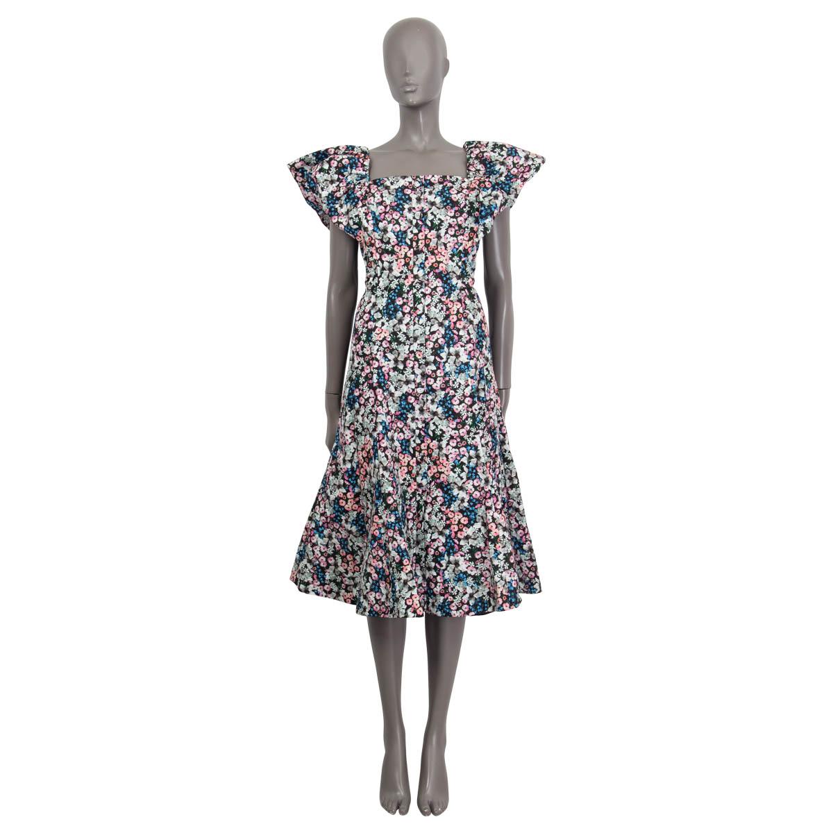 100% authentic Erdem Pre-Fall 2020 belted midi dress in gray, pink, blue and black cotton (100%). Features an all-over floral print, puff sleeve and a square neck. Opens with a concealed button on the back. Lined in black cotton (100%). Has been