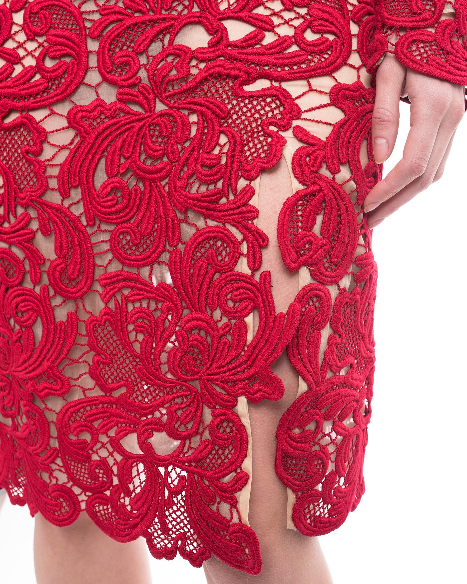 Erdem Fall 2015 Red Guipure Lace Long Sleeve Cocktail Dress - 2/4 6