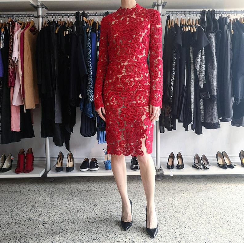 Erdem Fall 2015 Red Guipure Lace Long Sleeve Cocktail Dress - 2/4 7