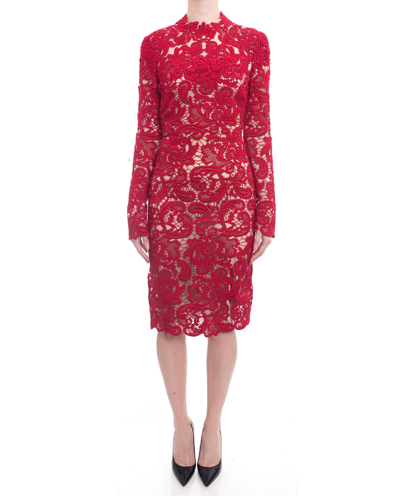 Erdem Fall 2015 Red Guipure Lace Long Sleeve Cocktail Dress.  Exposed gold center back zipper, long sleeve, fitted hourglass silhouette.  Lined with nude silk.  Garment is marked size FR 36 but best for USA 2 or a 4 with narrow hips. Garment fits