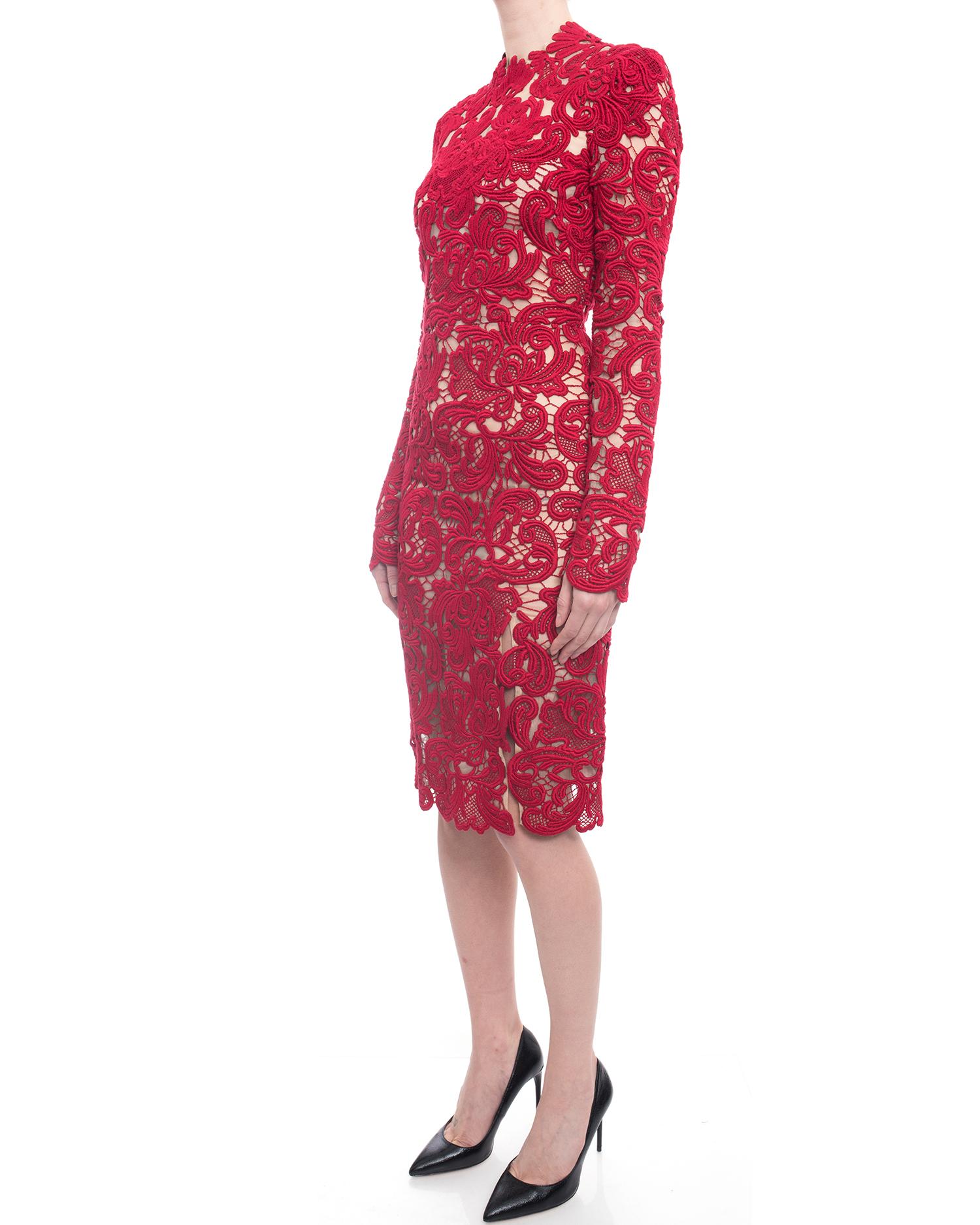 Erdem Fall 2015 Red Guipure Lace Long Sleeve Cocktail Dress - 2/4 1