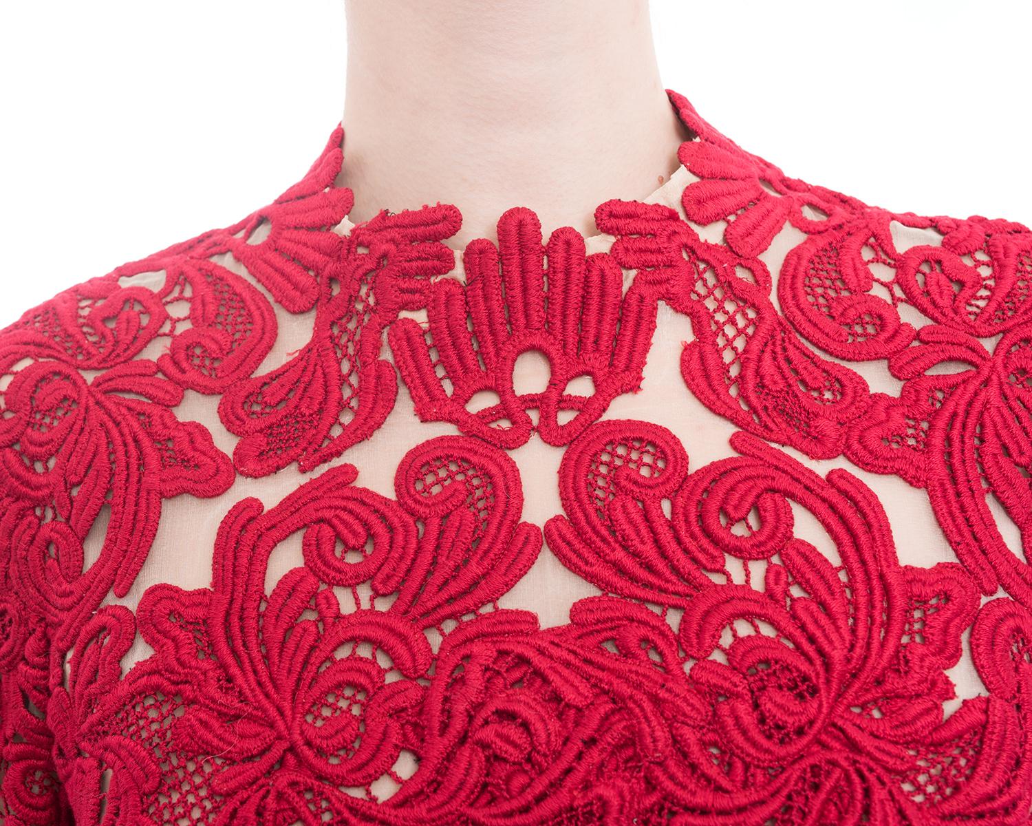 Erdem Fall 2015 Red Guipure Lace Long Sleeve Cocktail Dress - 2/4 3
