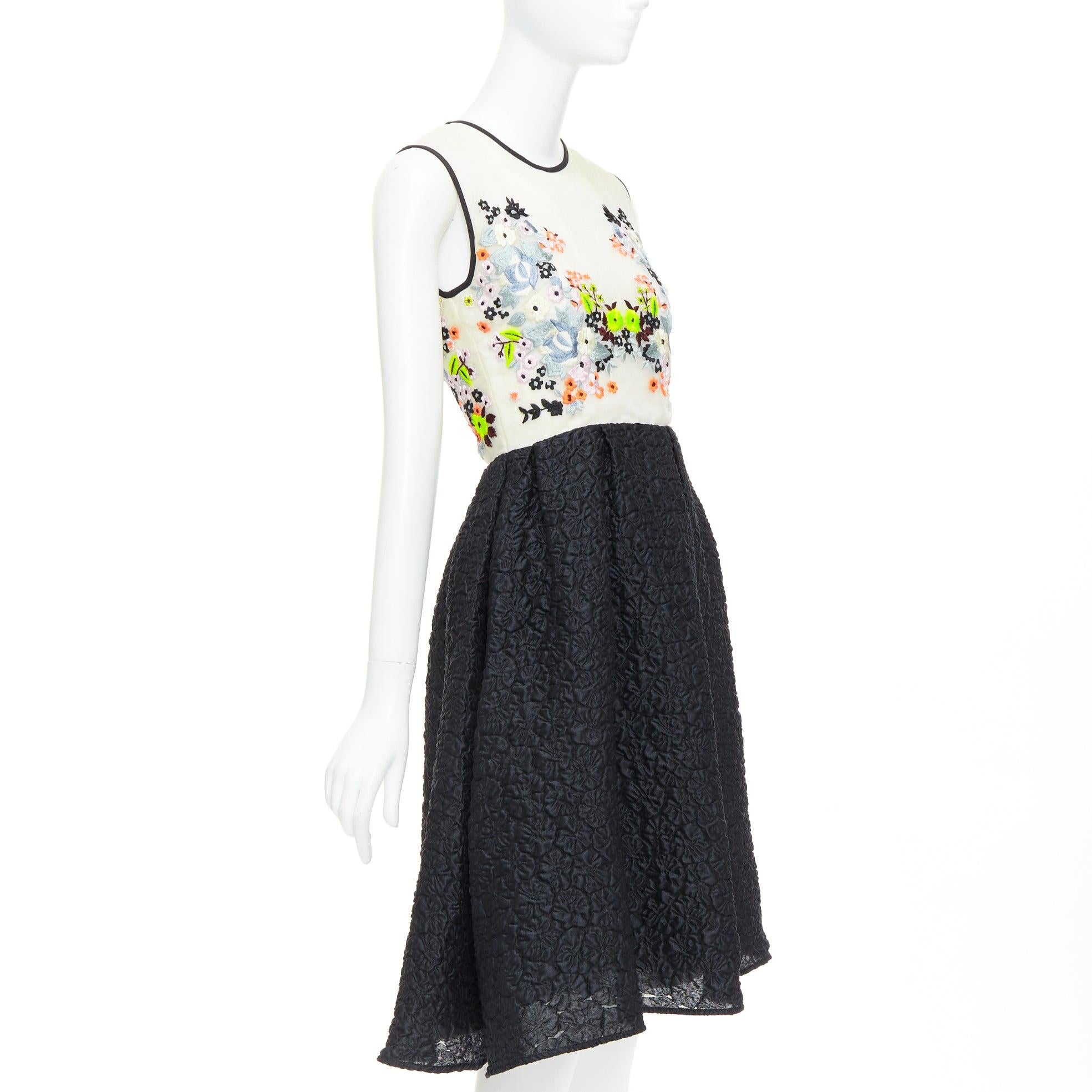 Black ERDEM Faris Runway cream black silk blend floral embroidered cloque dress UK8 S For Sale