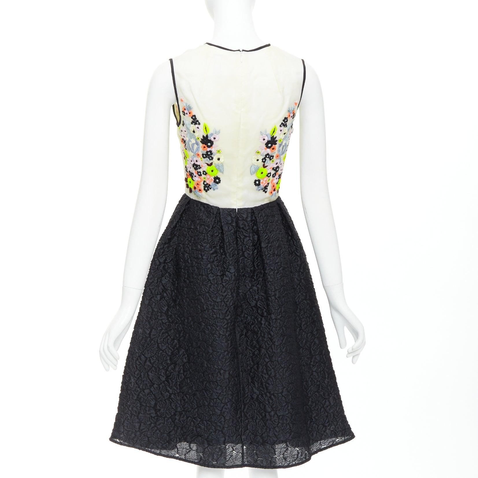 Women's ERDEM Faris Runway cream black silk blend floral embroidered cloque dress UK8 S For Sale
