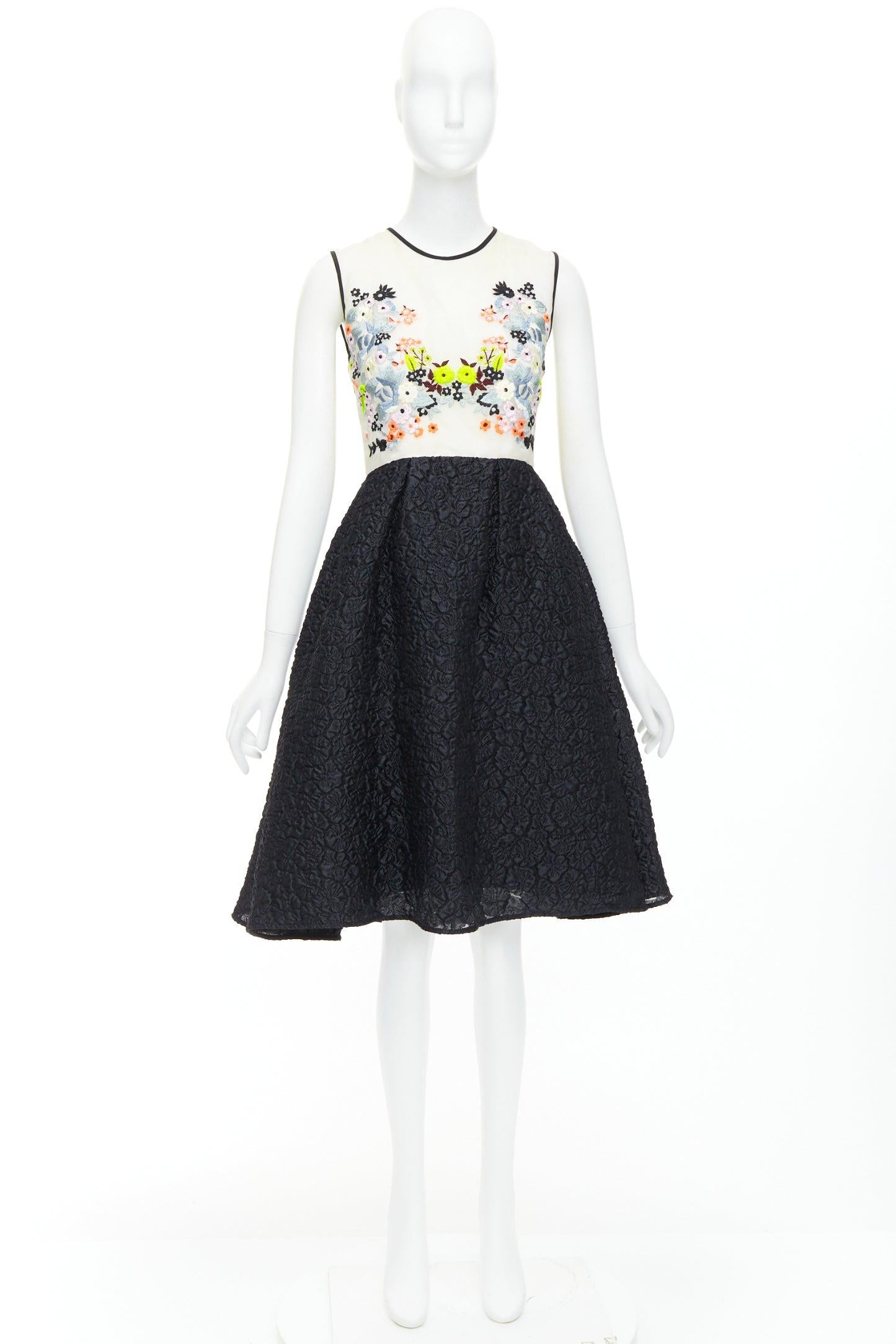 ERDEM Faris Runway cream black silk blend floral embroidered cloque dress UK8 S For Sale 4