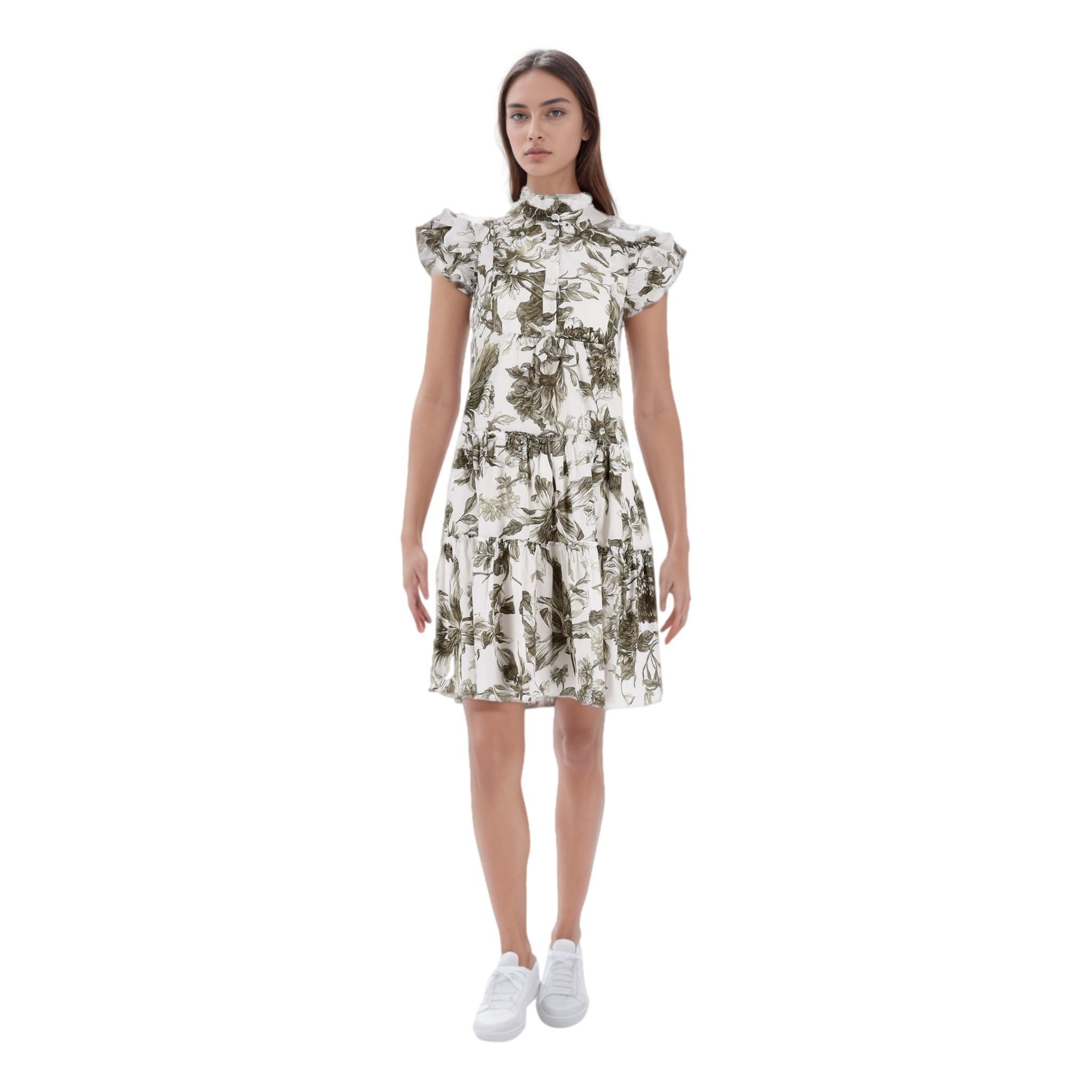 Erdem Floral Print Cotton-Poplin Dress

White 'Pomona' dress crafted from cotton-poplin with olive-green floral print.

Featuring ruffled high neck, and short sleeves.

Tiered, flared mini skirt and button fastening to the top. Rrp £850

Size –
