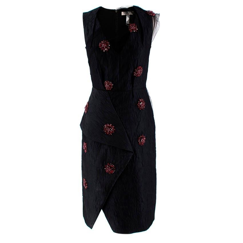 Erdem Black Embellished Dress

- Size 10

- V-neck with netting

- Red beaded embellishments

- Panel dress 
- Jacquard material with netting over the top
- Sleeveless dress with extra netting over the shoulders

Shoulder to