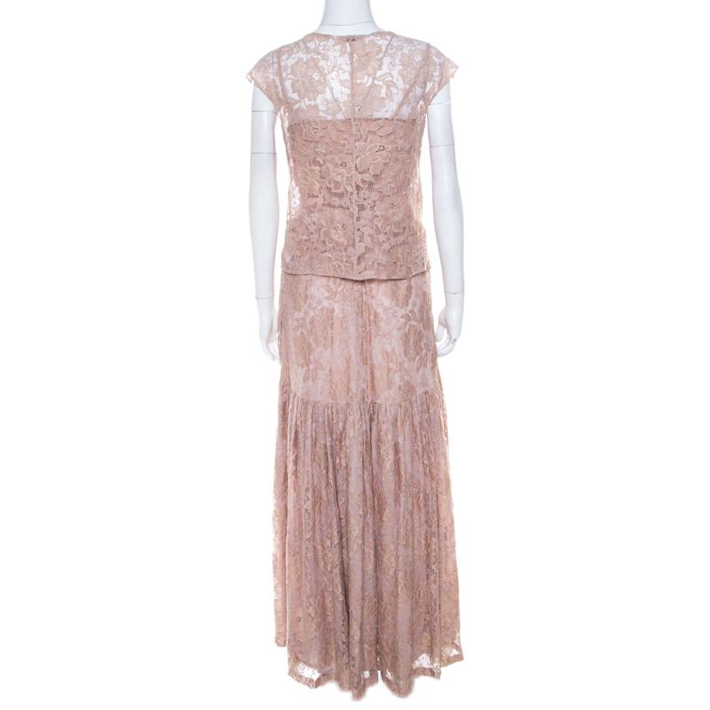 Brown Erdem Light Pink Lace Front Bow Detail Top and Skirt Set M