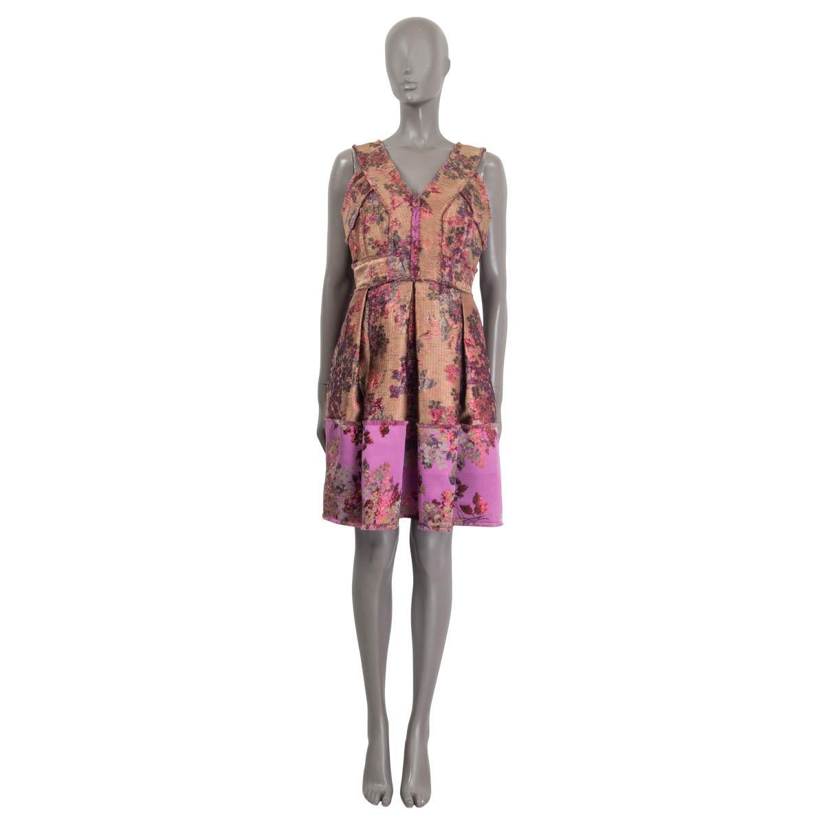 100% authentic Erdem 'Fabienne' cocktail dress in purple, beige and green jacquard (tag is missing). Fall/winter 2015 collection. Has two slit pockets. Embellished with pink lurex threads and tiny fringes all over the dress. Opens with a zipper on