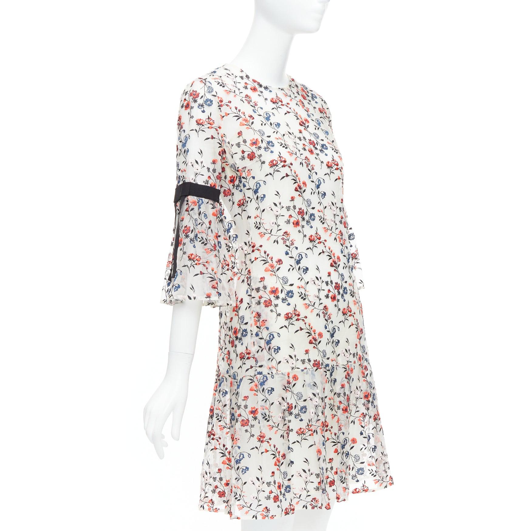Gray ERDEM Lissy 100% silk white red floral embroidered pleated dress UK8 S For Sale