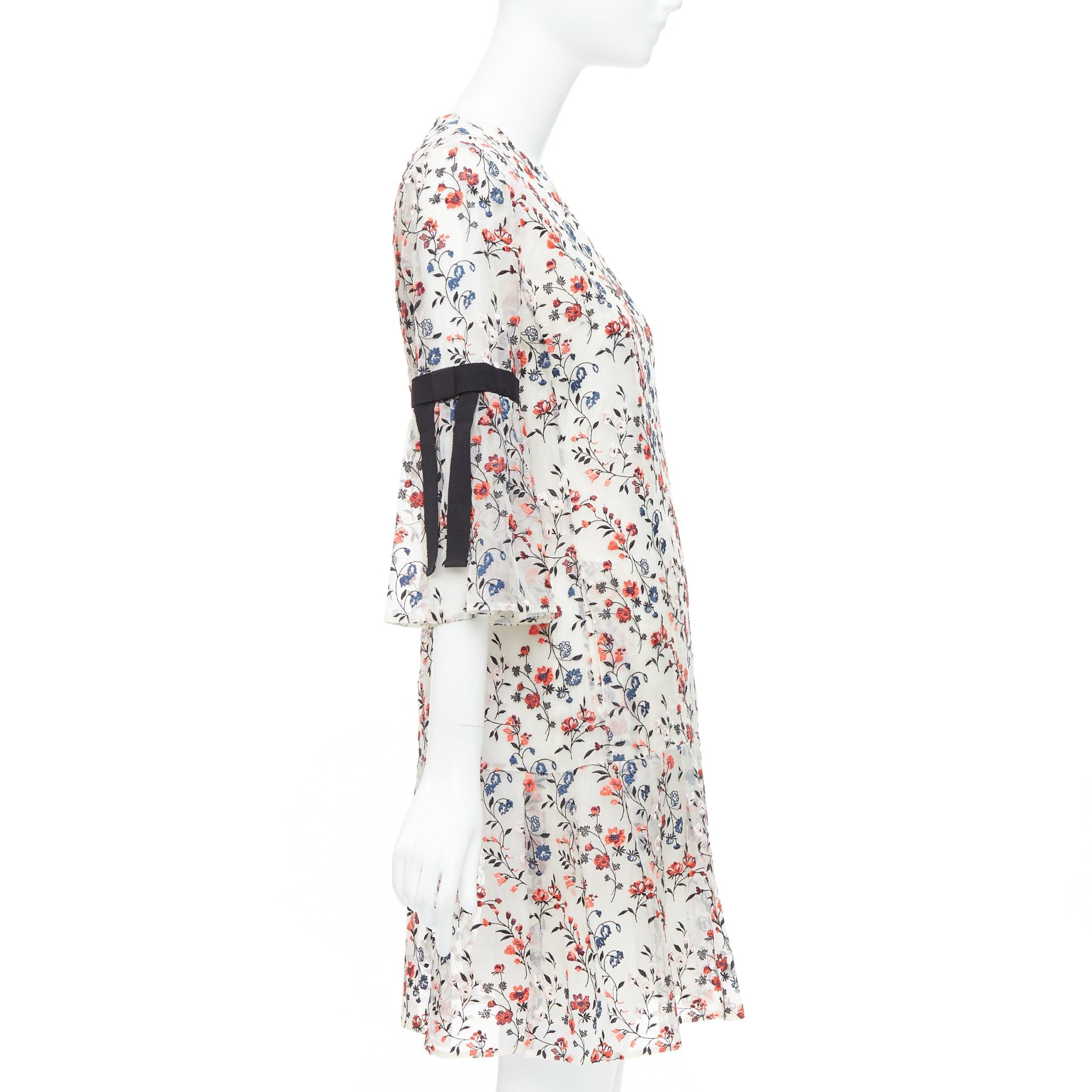 ERDEM Lissy 100% silk white red floral embroidered pleated dress UK8 S In Excellent Condition For Sale In Hong Kong, NT