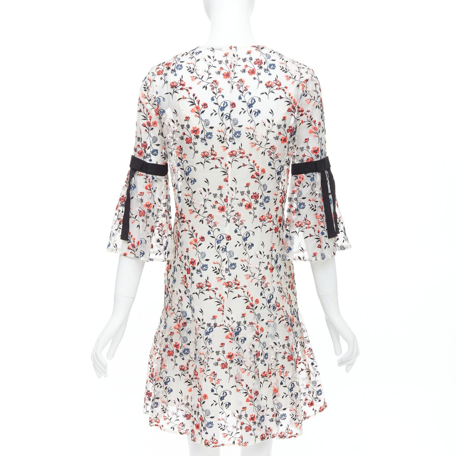 Women's ERDEM Lissy 100% silk white red floral embroidered pleated dress UK8 S For Sale