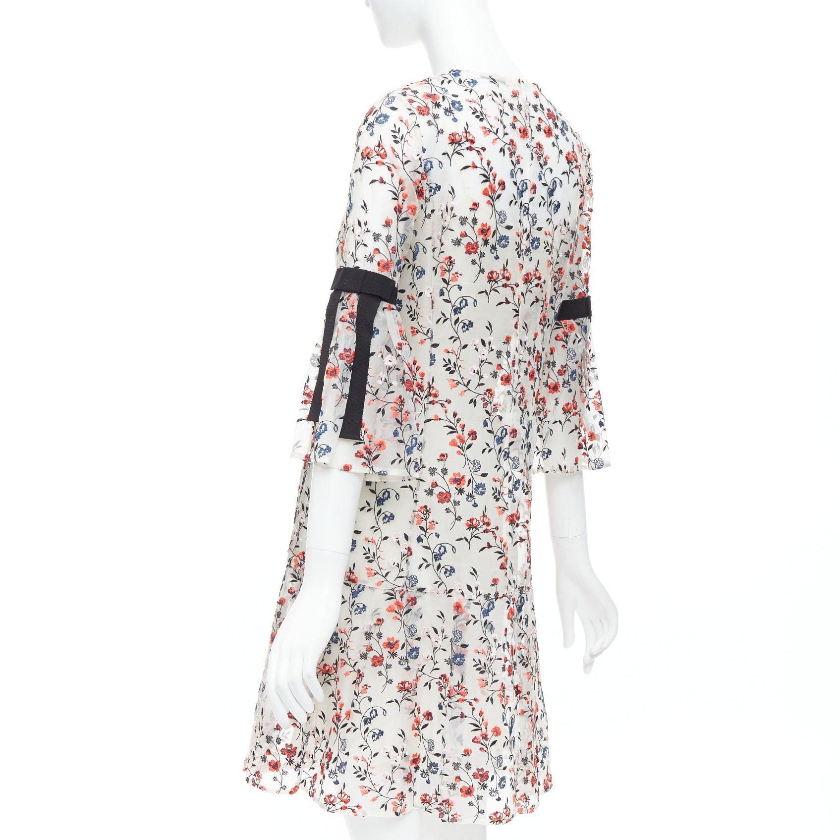 ERDEM Lissy 100% silk white red floral embroidered pleated dress UK8 S For Sale 1