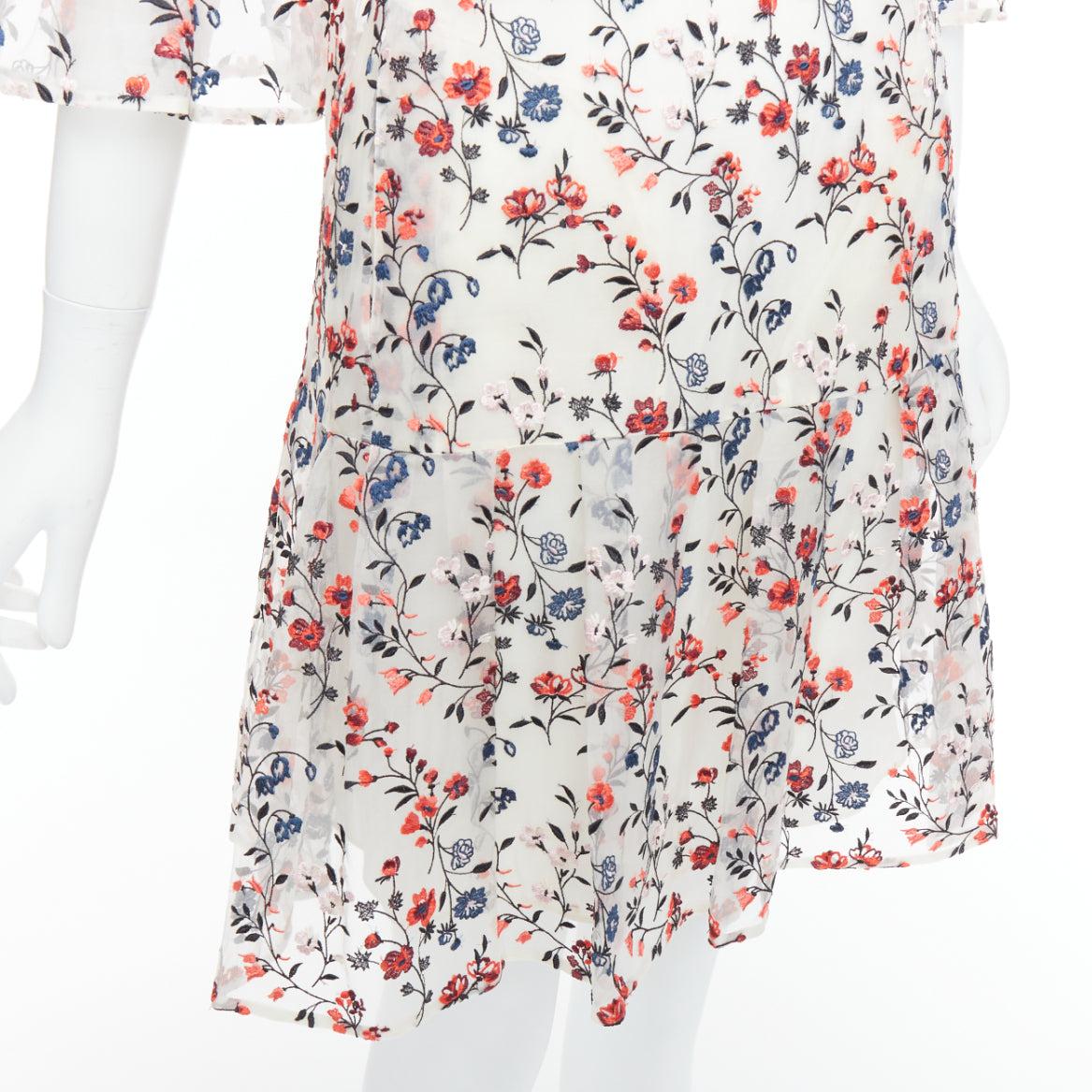 ERDEM Lissy 100% silk white red floral embroidered pleated dress UK8 S For Sale 2