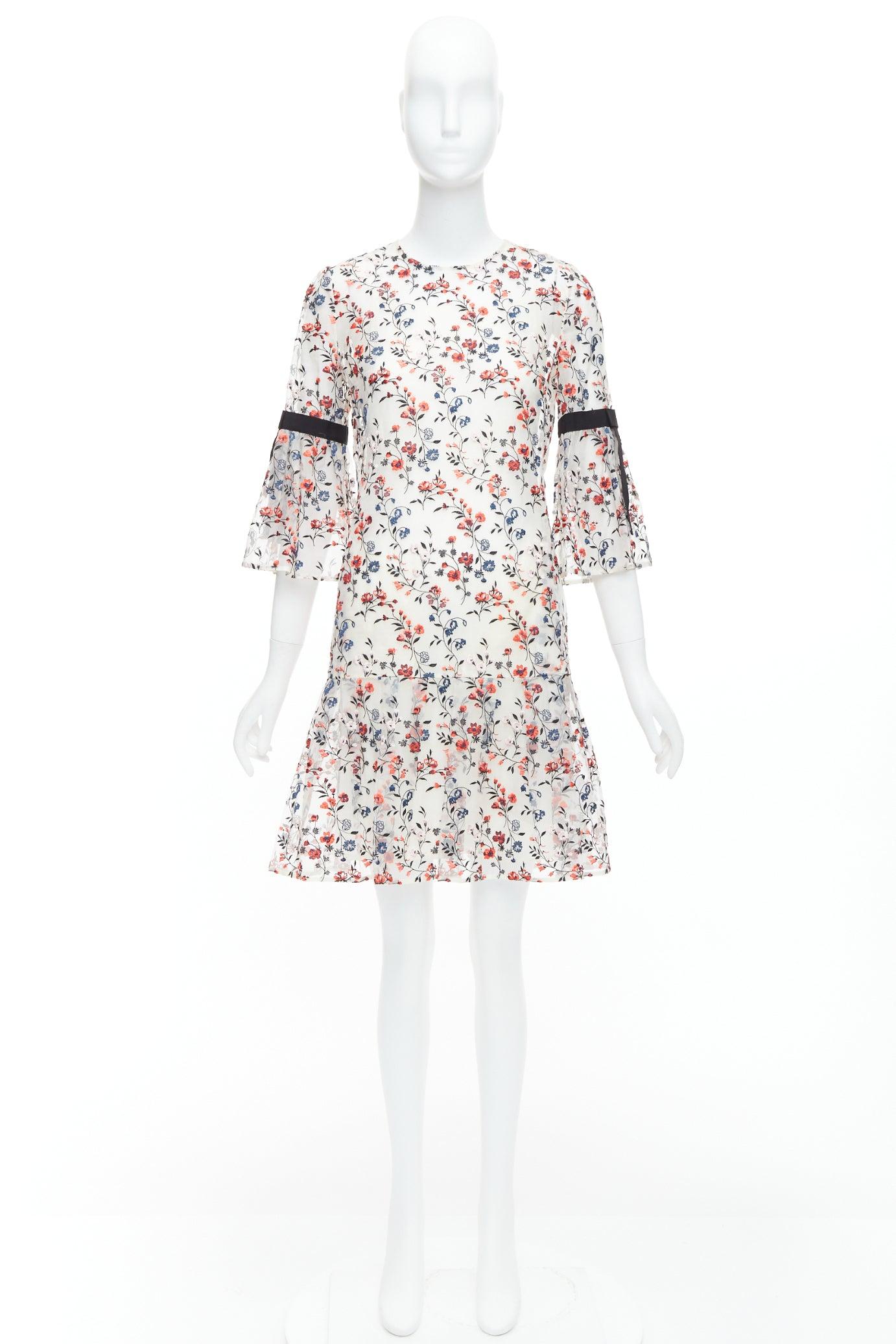 ERDEM Lissy 100% silk white red floral embroidered pleated dress UK8 S For Sale 4