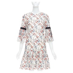 ERDEM Lissy 100% seda blanco rojo floral bordado vestido plisado UK8 S