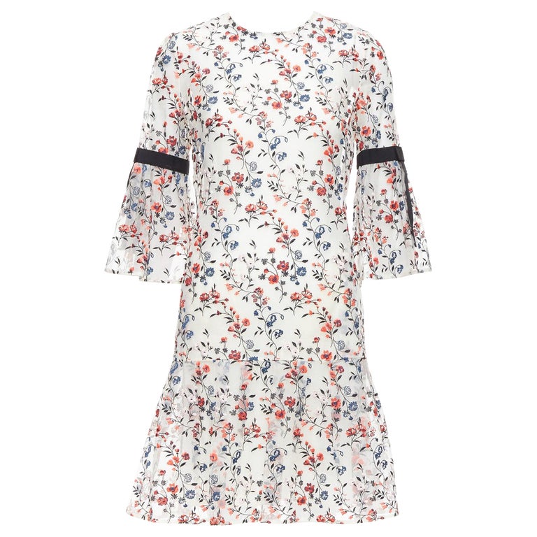 Erdem Lissy 100% Silk White Red Floral Embroidered Pleated Dress Uk8 S