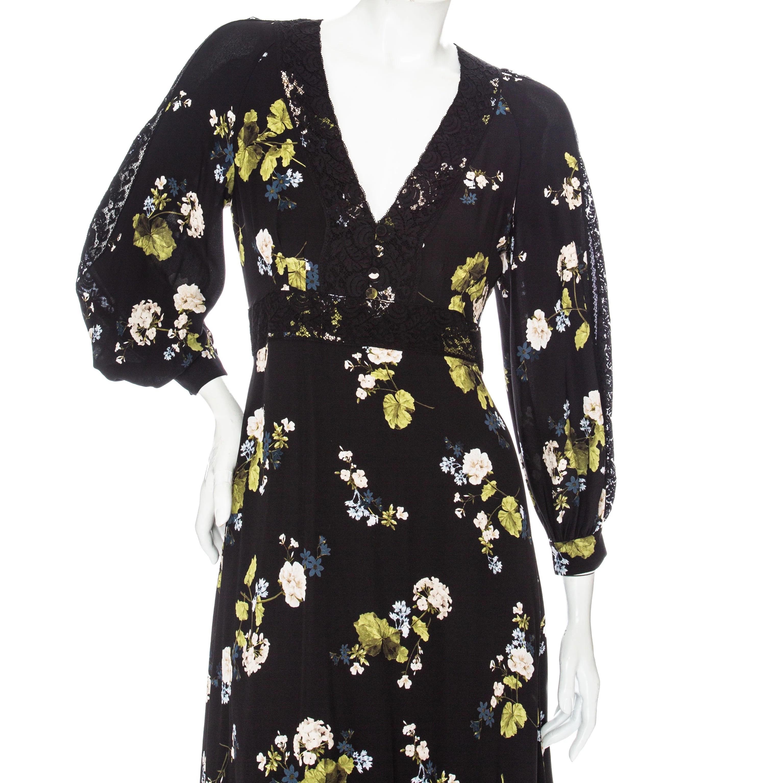 Erdem Magdalene Black Silk Floral-Print Long Sleeve Midi Dress Pre-Fall2023 In Excellent Condition For Sale In Woodland Hills, CA