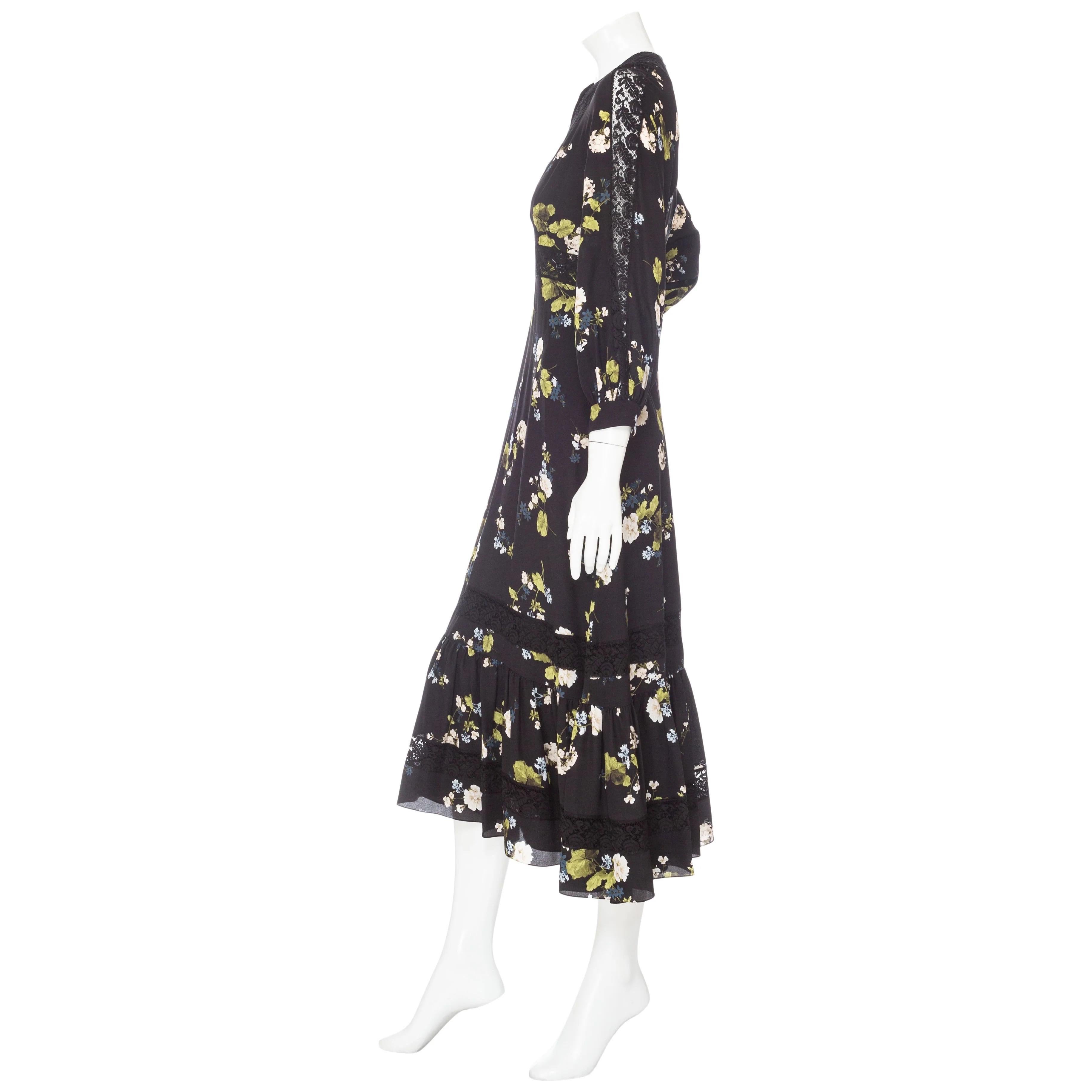 Women's Erdem Magdalene Black Silk Floral-Print Long Sleeve Midi Dress Pre-Fall2023 For Sale