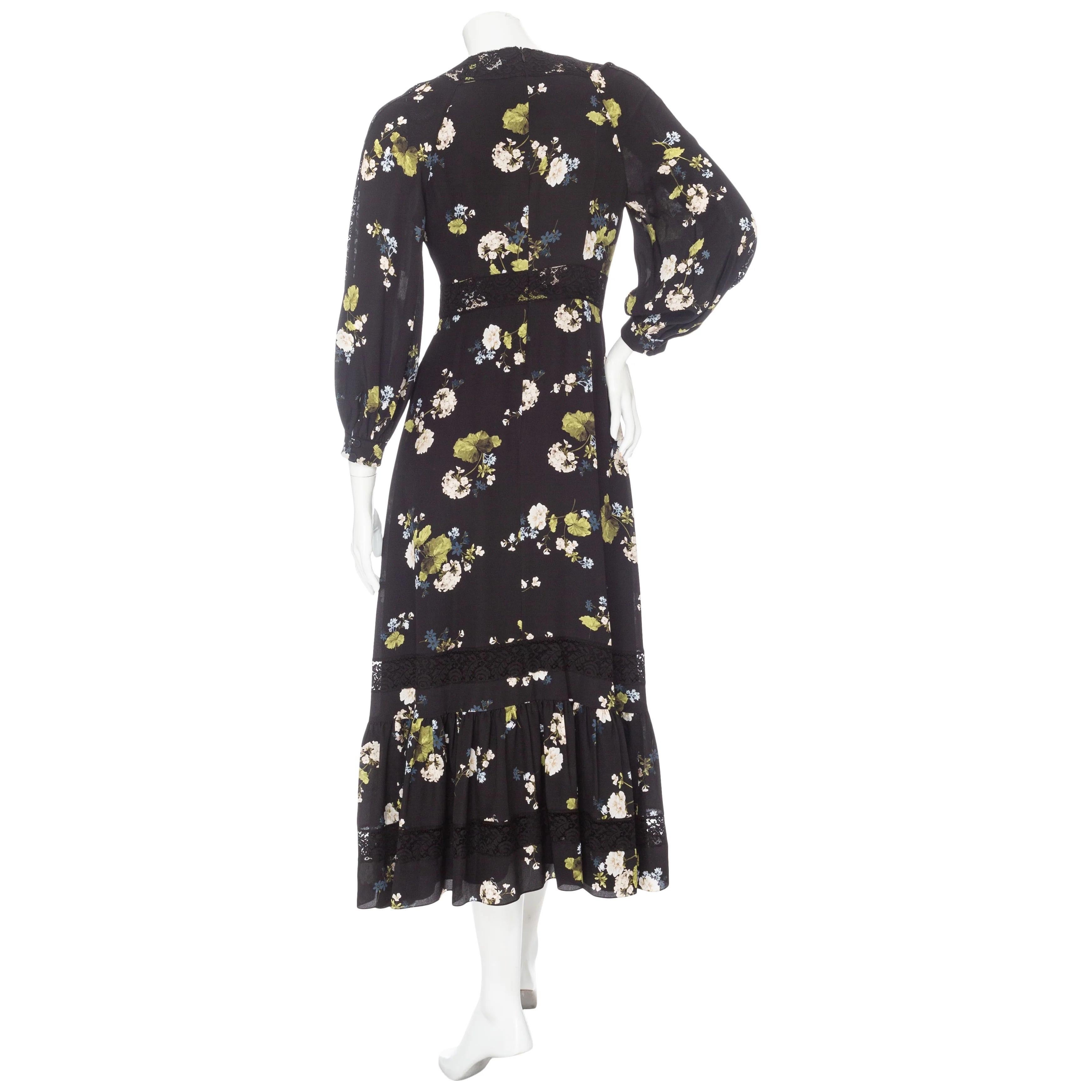 Erdem Magdalene Black Silk Floral-Print Long Sleeve Midi Dress Pre-Fall2023 For Sale 1