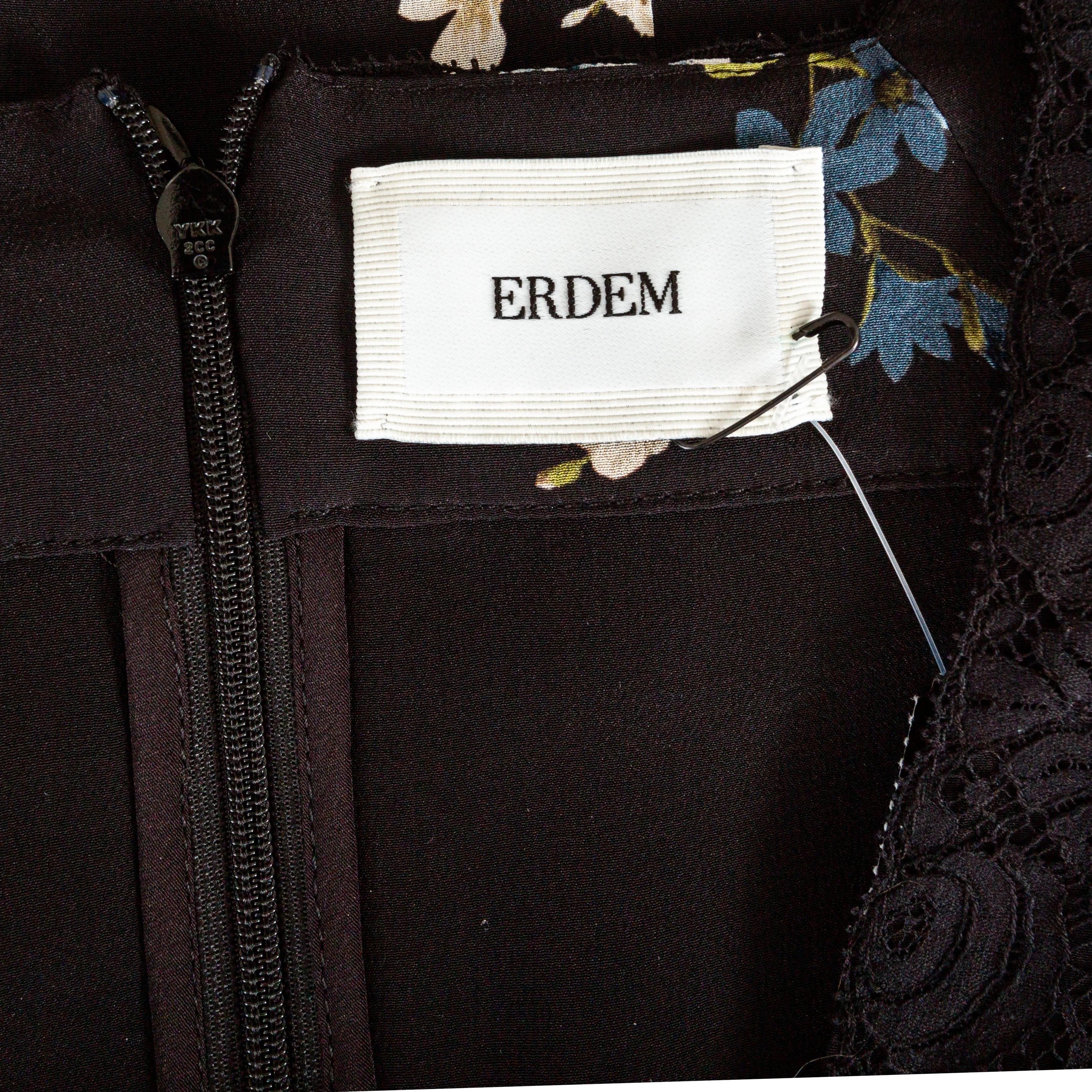 Erdem Magdalene Black Silk Floral-Print Long Sleeve Midi Dress Pre-Fall2023 For Sale 3