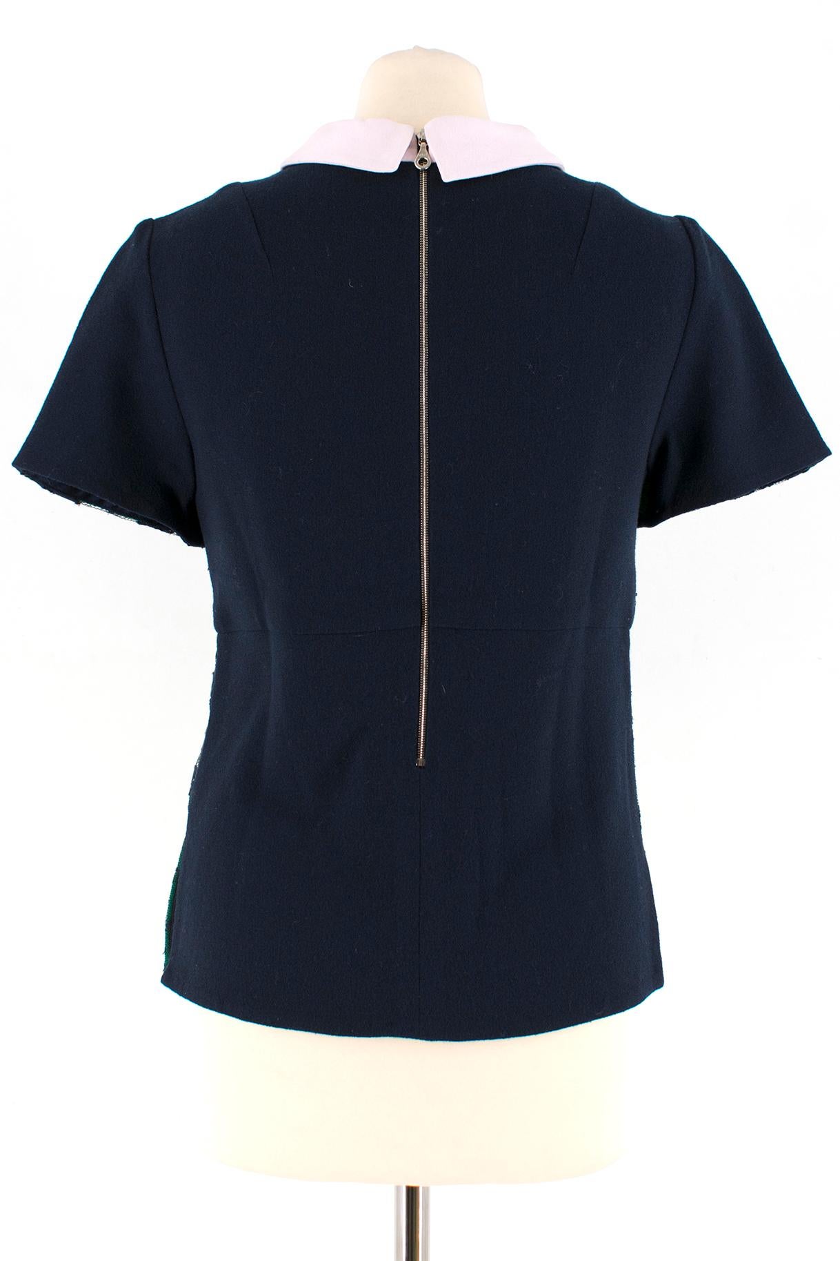 Black Erdem Navy & Green Wool Embroidered Top W/ Baby Pink Collar Size US 4 For Sale