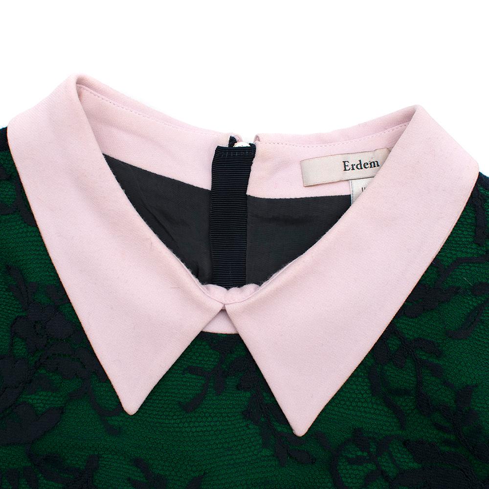 Erdem Navy & Green Wool Embroidered Top W/ Baby Pink Collar Size US 4 For Sale 2