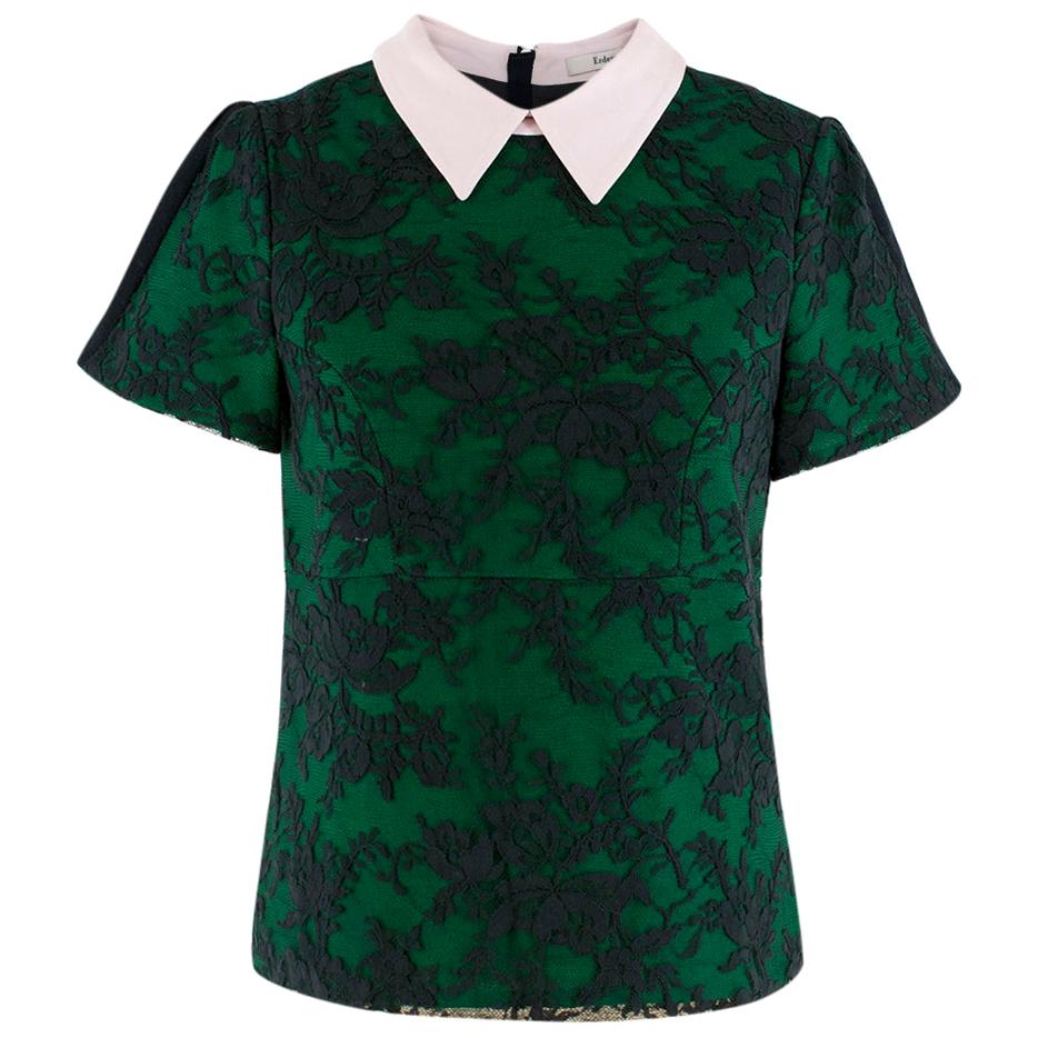 Erdem Navy & Green Wool Embroidered Top W/ Baby Pink Collar Size US 4 For Sale