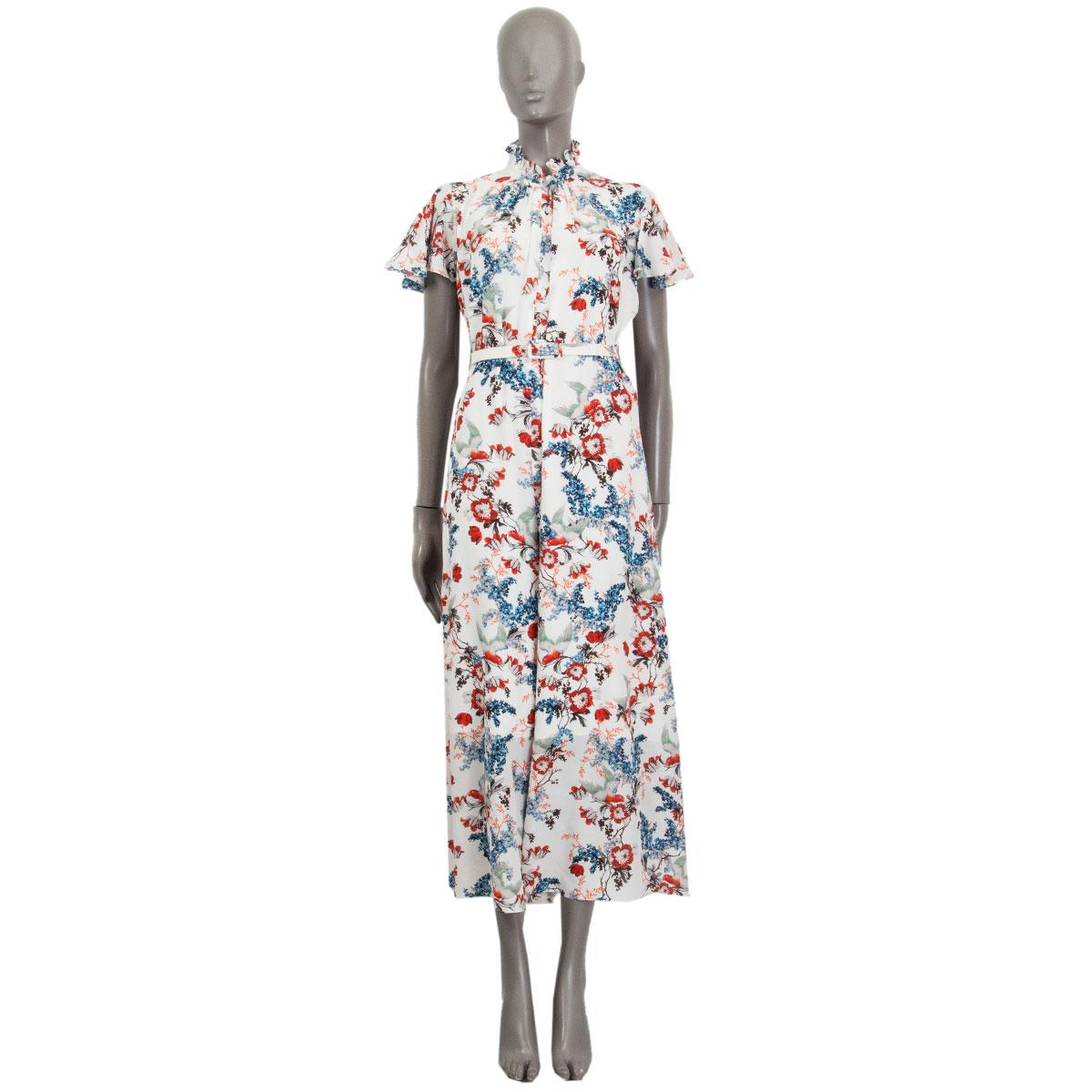 100% authentic Erdem Ellamay crepe de Chine jumpsuit in white, red, brown, blue and green silk (100%) with a ruffled neck, flared cap sleeves, wide legs and a waist belt with a buckle. Closes with a concealed zipper in the back. Lined in white silk