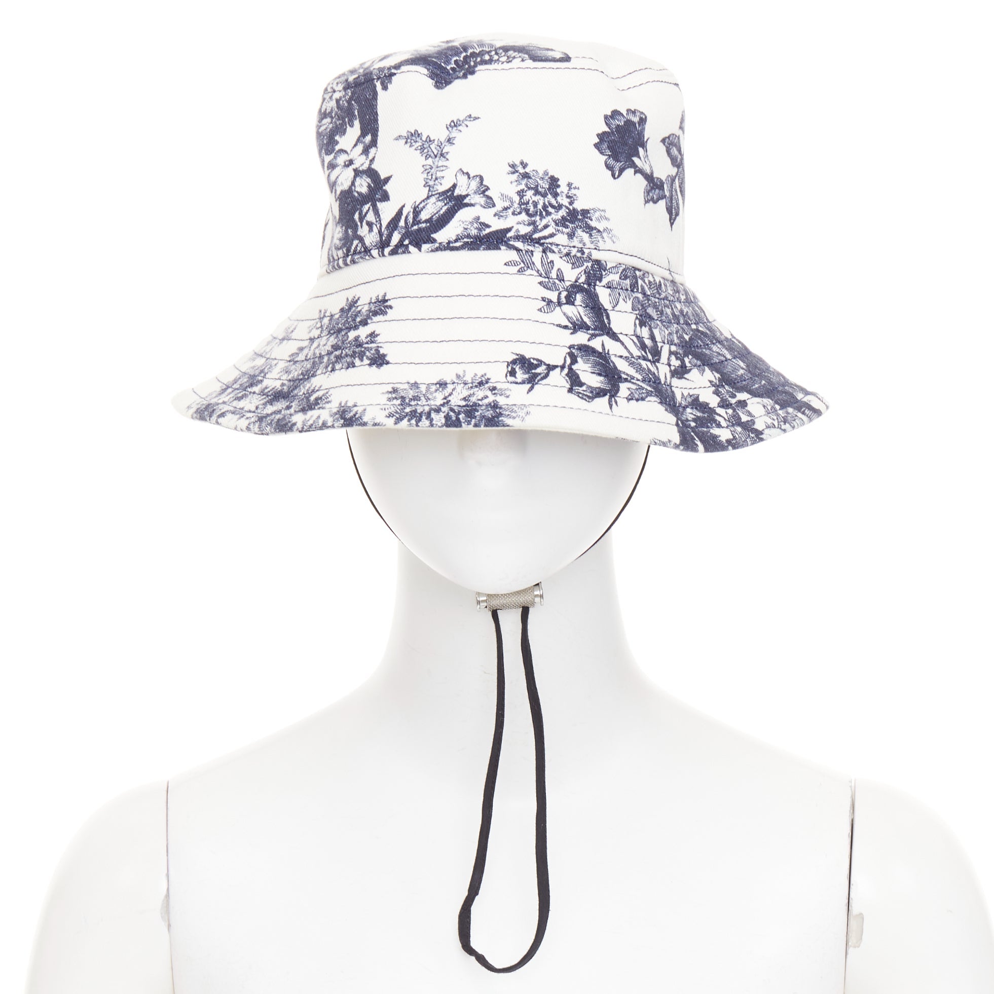 Pre-owned Erdem Pembridge Navy Off White Cotton Floral Print Chinoiserie Bucket Hat Xs/s
