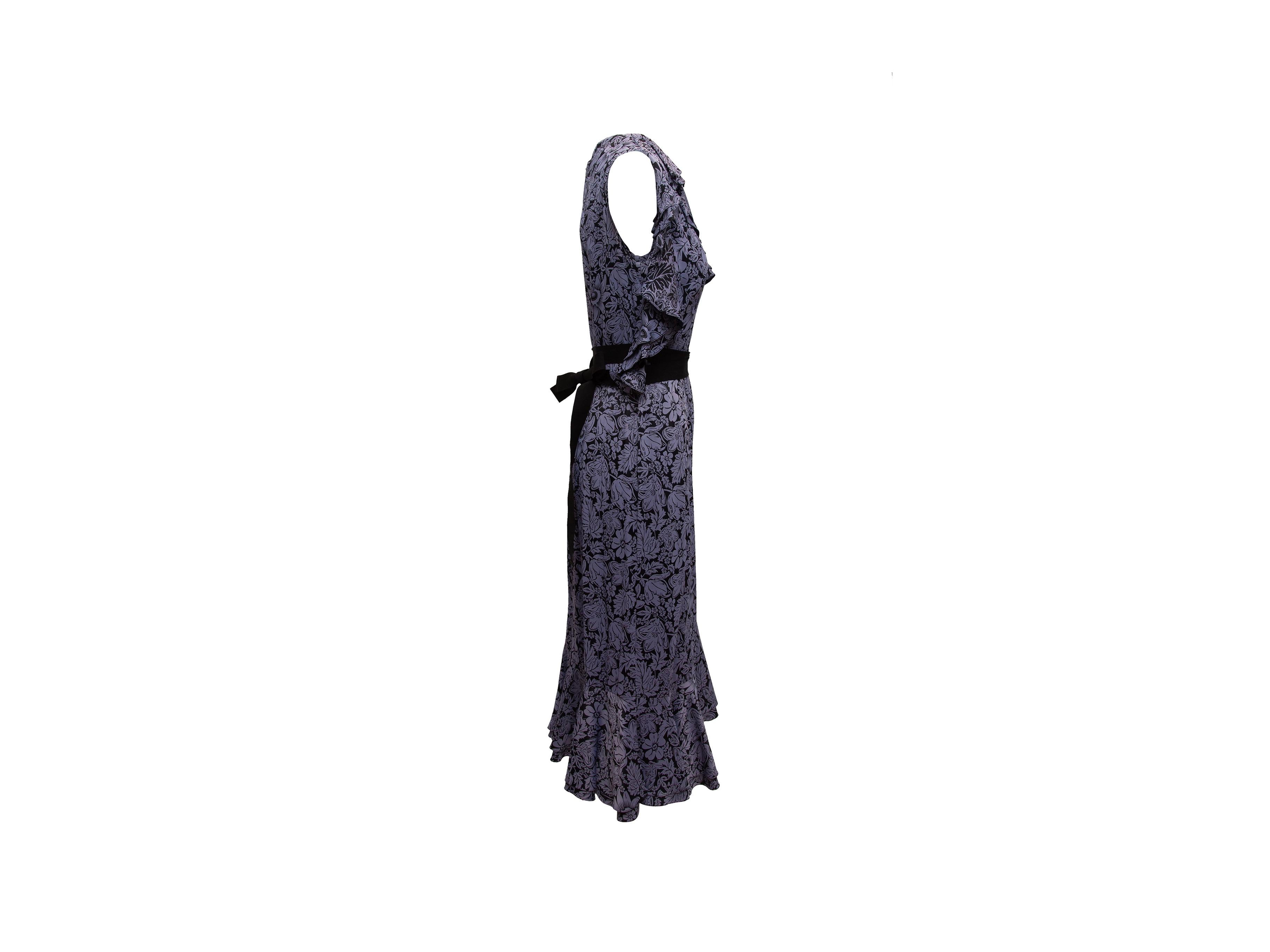 Product details: Purple and black Kayle floral patterned dress by Erdem. Ruffle trim. Black sash tie at waist. 34