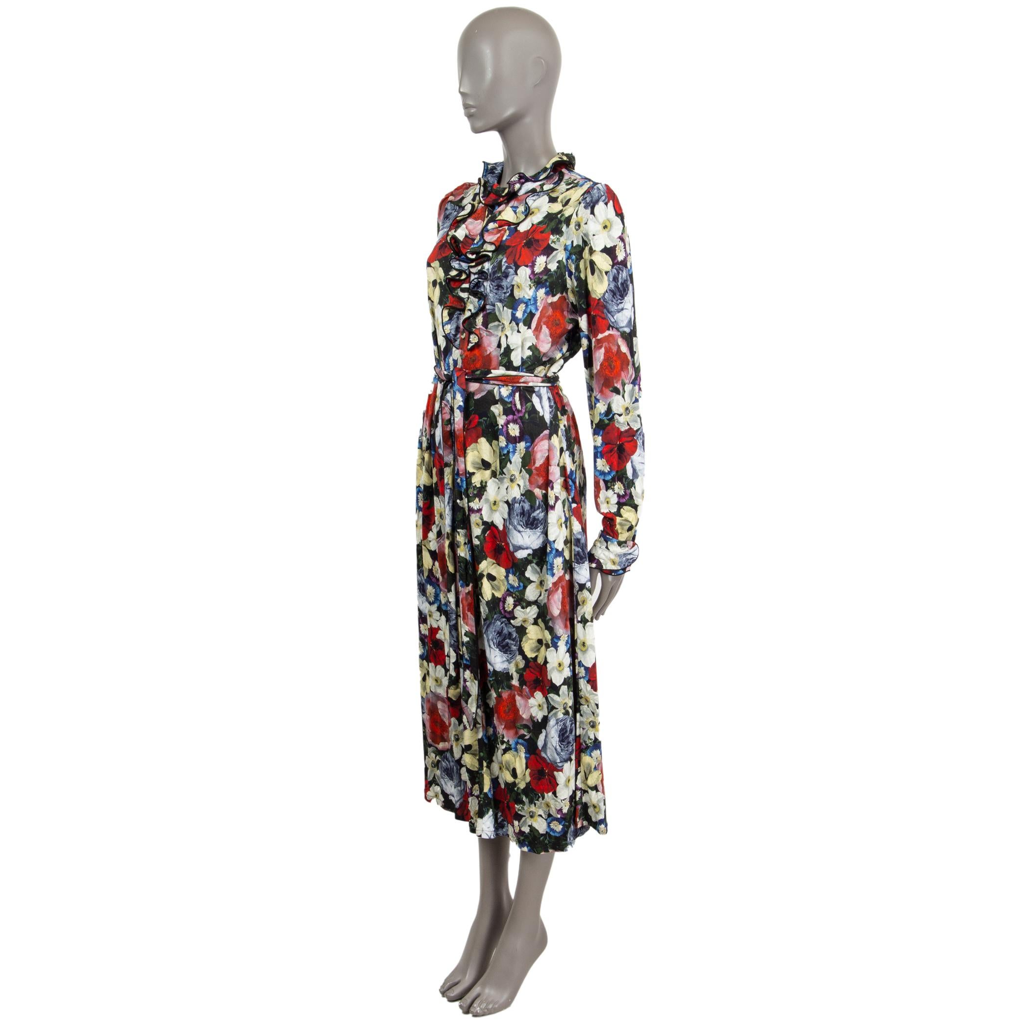 100% authentic Erdem Fiorella belted floral print dress in black, pink, dusty rose, yellow, blue and off-white viscose (100%). Features ruffled on the front and detachable waist tie buttoned cuffs. Opens with buttons on the front. Has been worn and