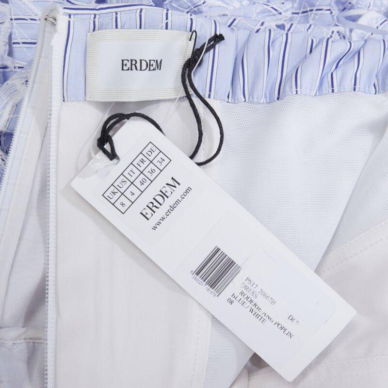 ERDEM Runway blue striped floral embroidery off shoulder cotton dress US6 M For Sale 5