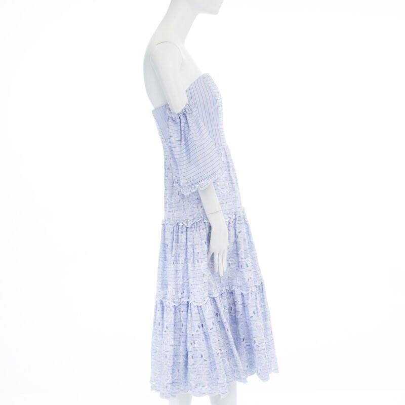 Blue ERDEM Runway blue striped floral embroidery off shoulder cotton dress US6 M For Sale