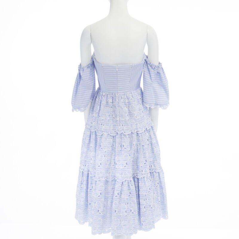 ERDEM Runway blue striped floral embroidery off shoulder cotton dress US6 M In New Condition For Sale In Hong Kong, NT