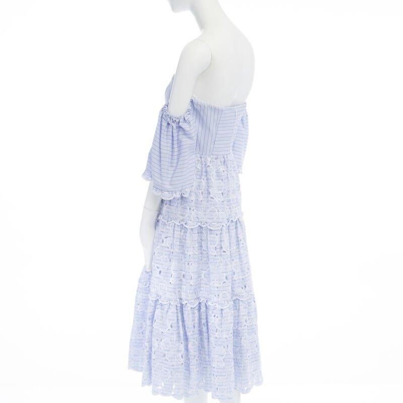 Women's ERDEM Runway blue striped floral embroidery off shoulder cotton dress US6 M For Sale