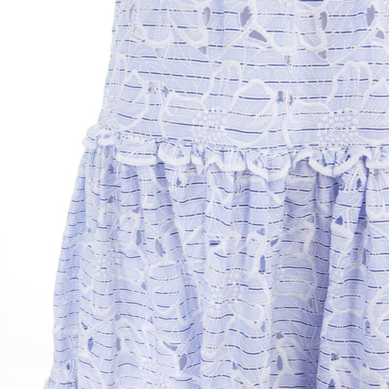 ERDEM Runway blue striped floral embroidery off shoulder cotton dress US6 M For Sale 3