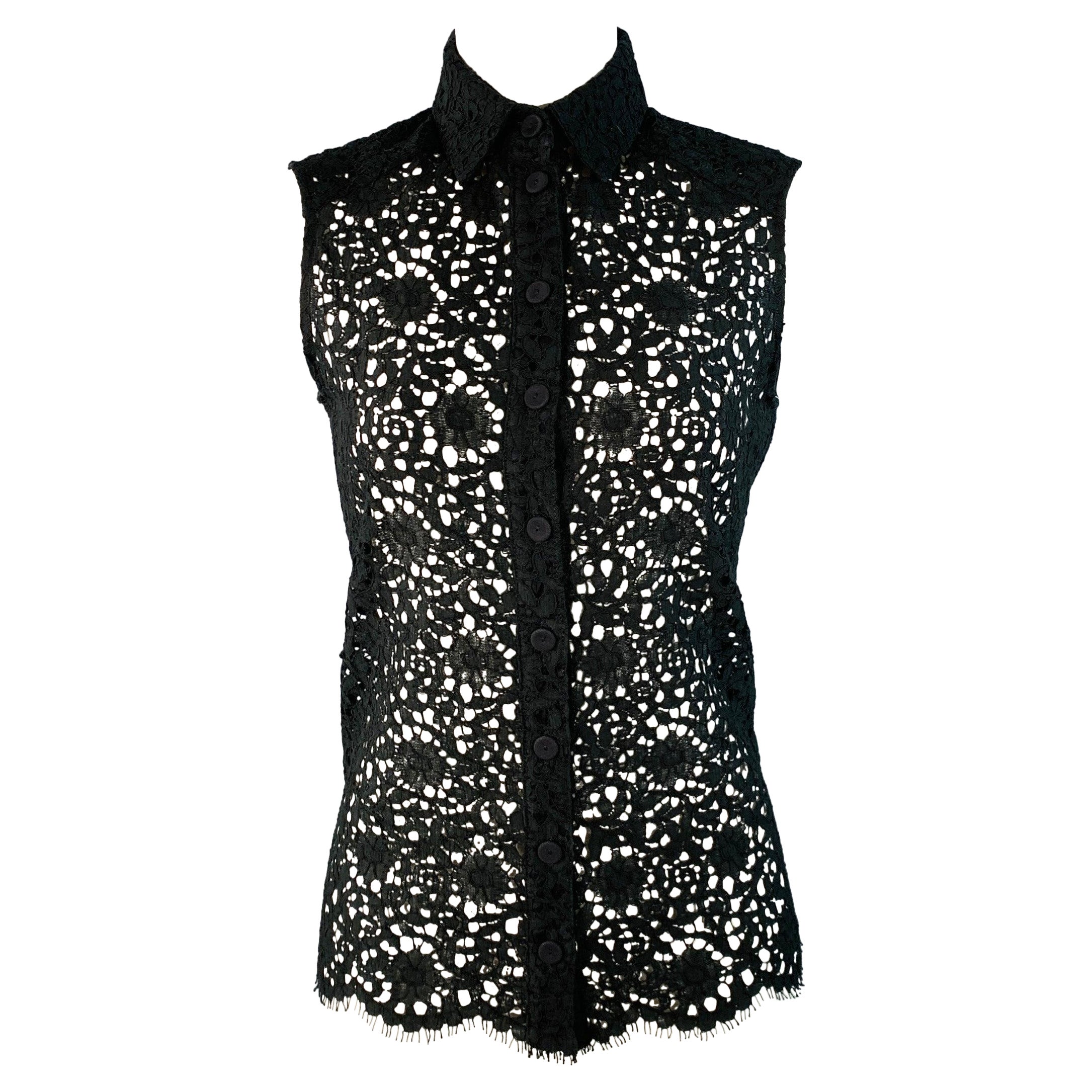 ERDEM Size 4 Black Lace Sleeveless Button Up Blouse For Sale