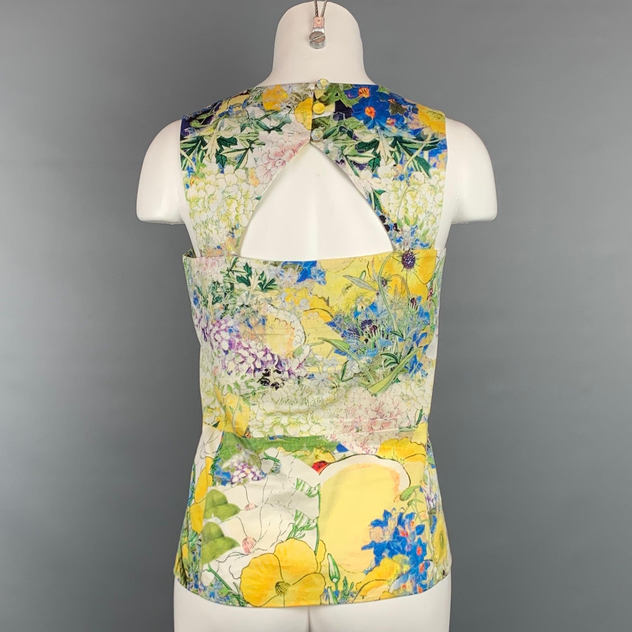 ERDEM Size 4 Green & Yellow Floral Cotton Sleeveless Blouse In Good Condition For Sale In San Francisco, CA