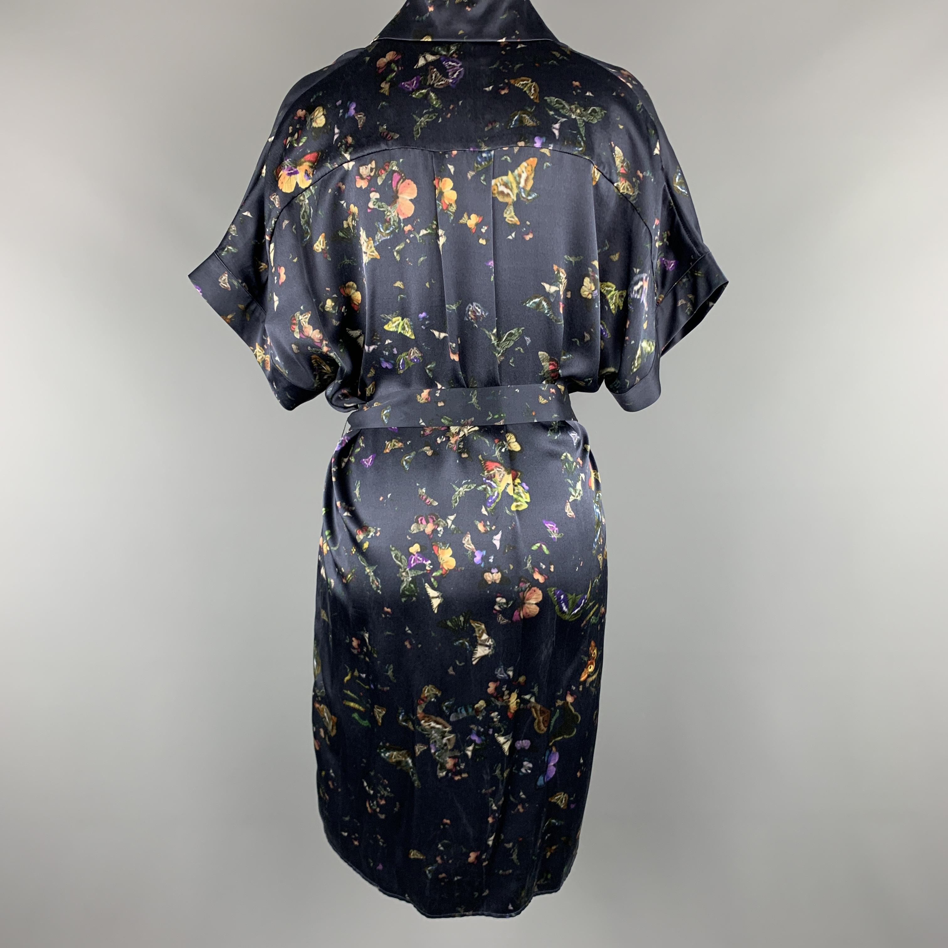 Black ERDEM Size 8 Navy Butterfly Print Silk Short Sleeve Shirt Dress