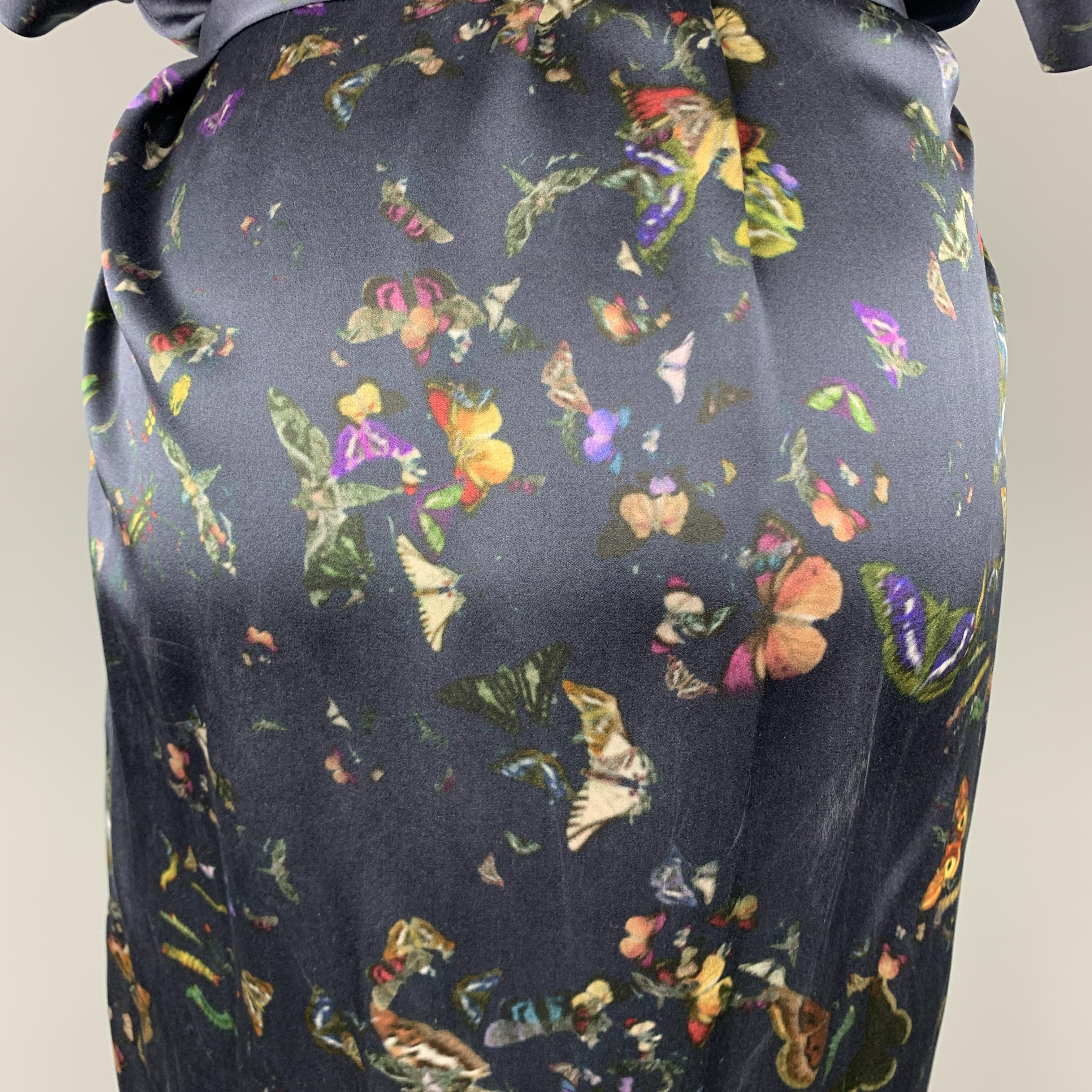 ERDEM Size 8 Navy Butterfly Print Silk Short Sleeve Shirt Dress In Excellent Condition In San Francisco, CA