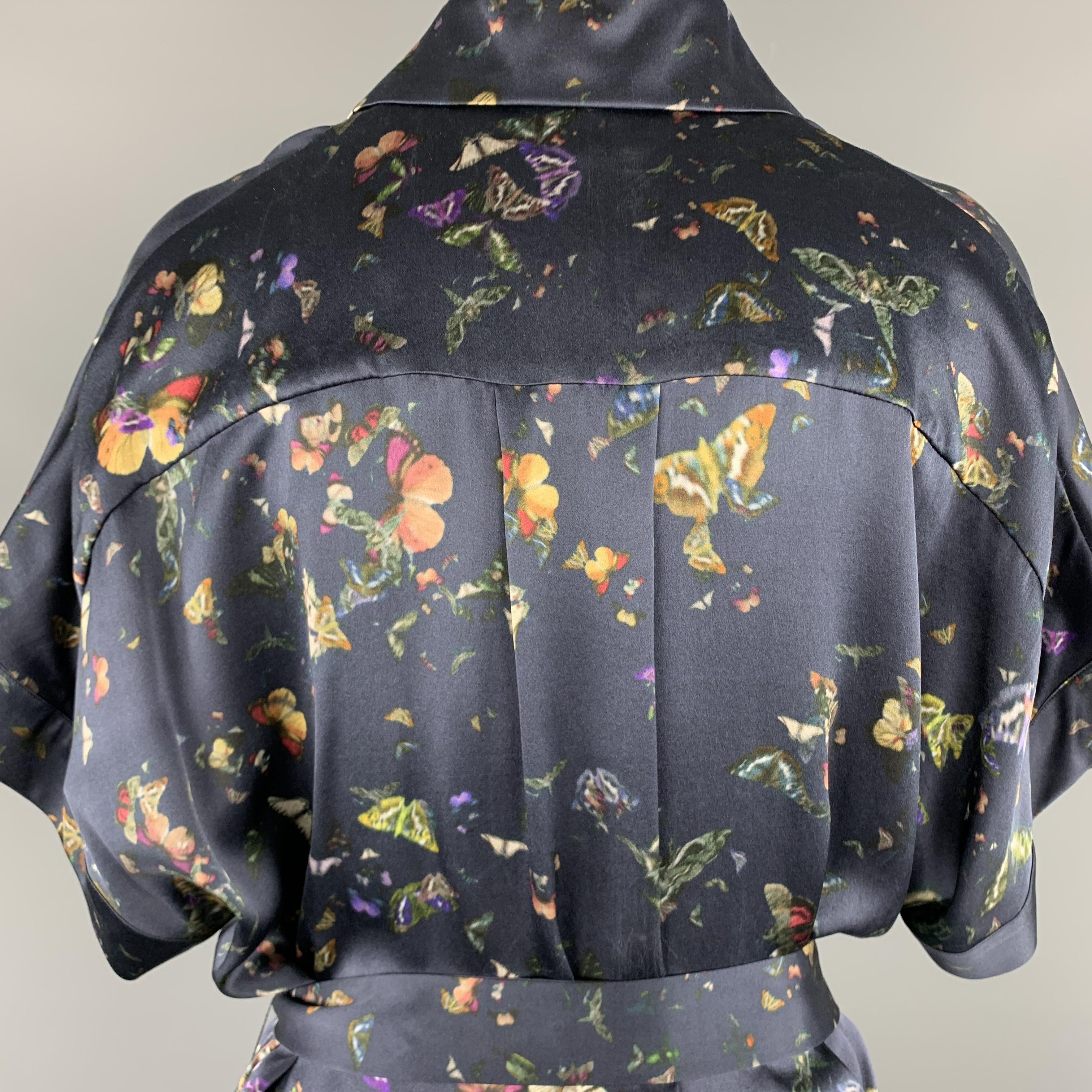 Men's ERDEM Size 8 Navy Butterfly Print Silk Short Sleeve Shirt Dress